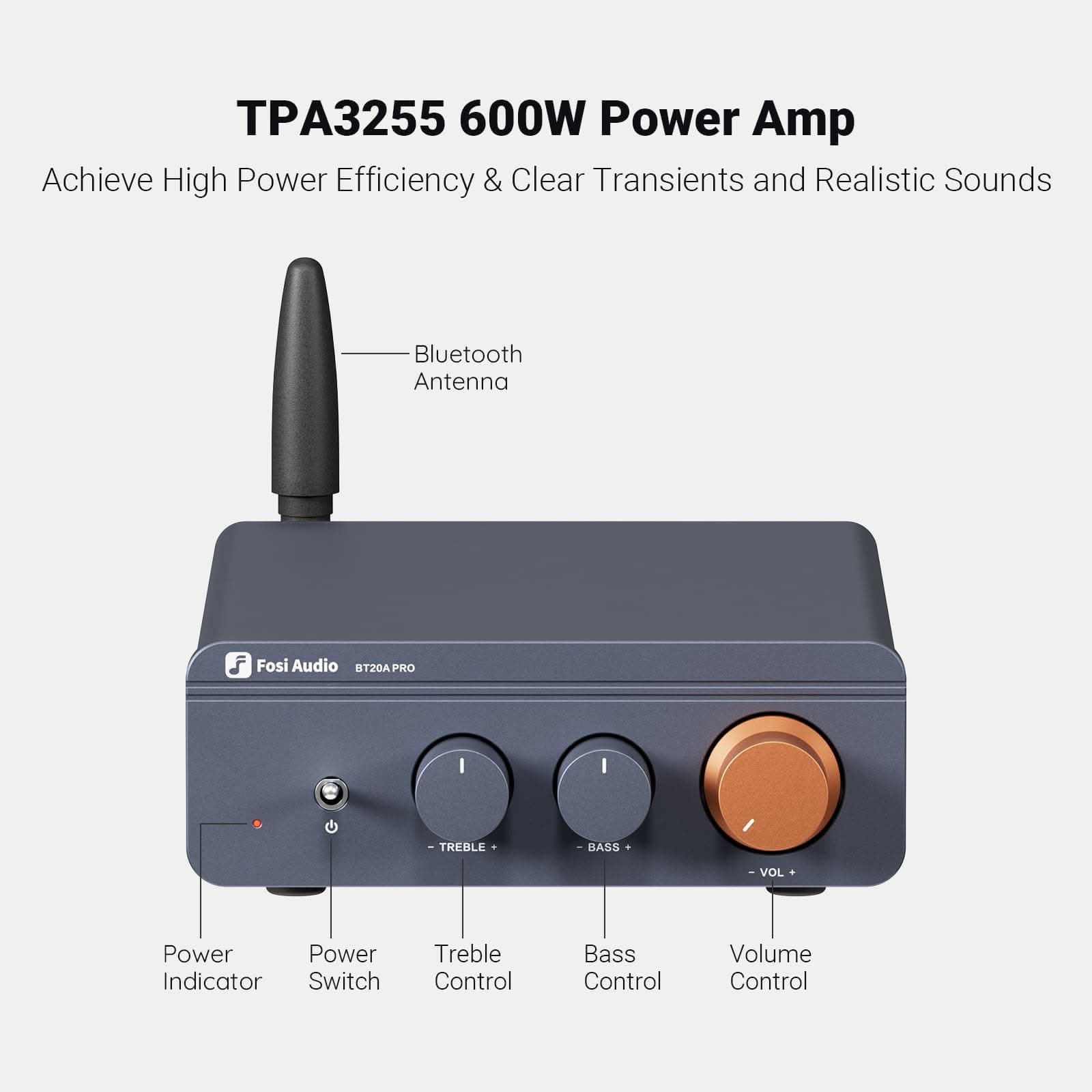 Angled view of the Fosi Audio BT20A Pro amplifier with its control knobs in sight