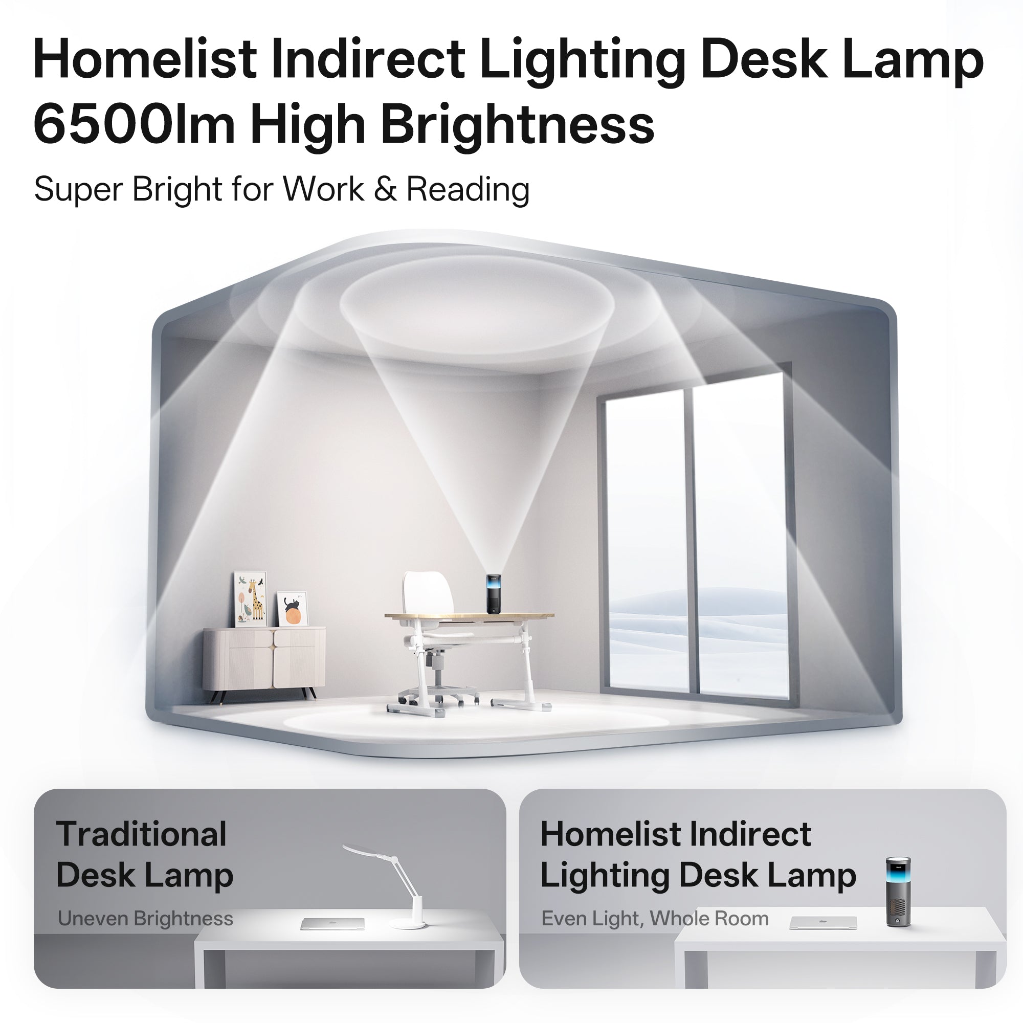 Side view of the compact Homelist LT1 desk lamp and its small base