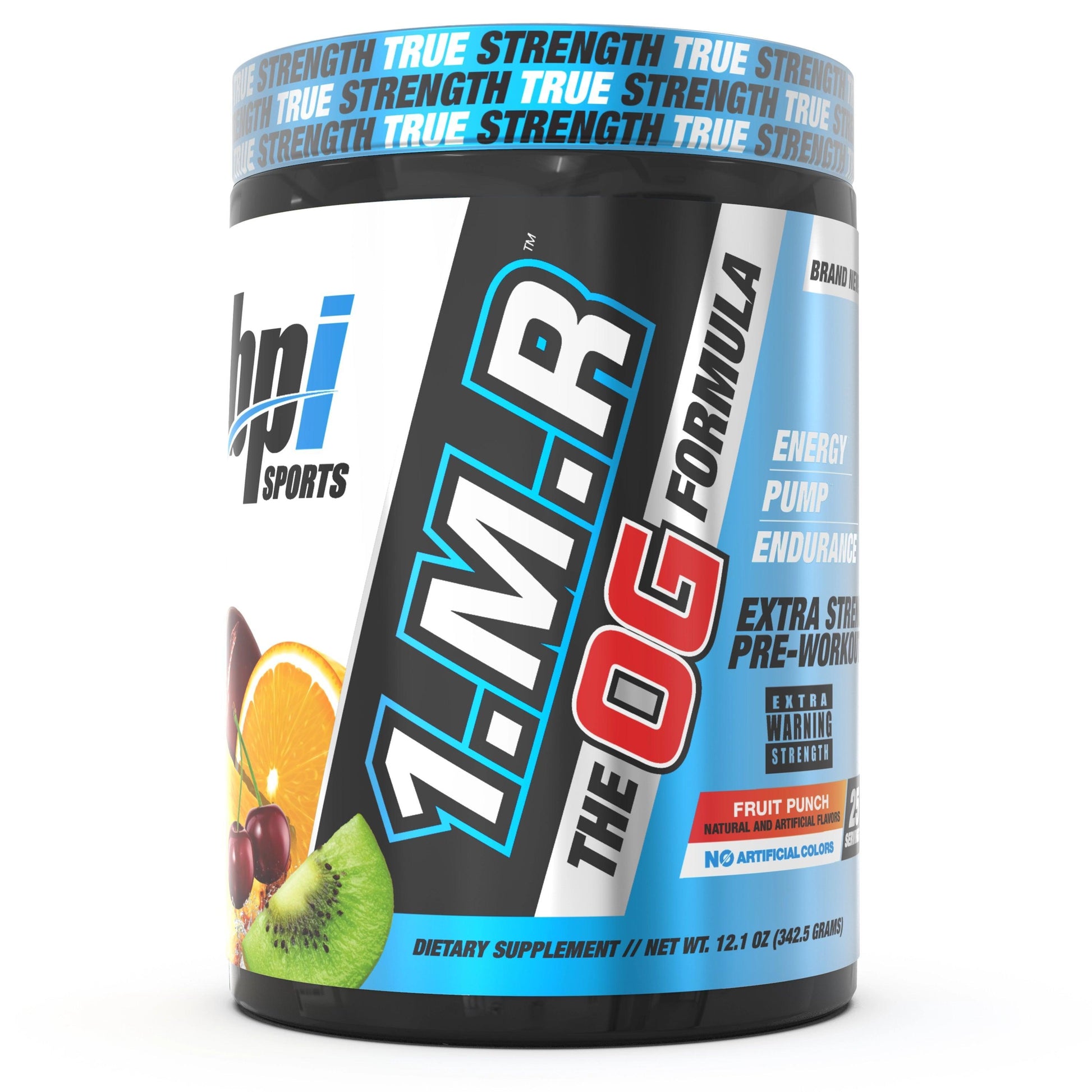 A tub of BPI Sports 1.M.R OG pre-workout in the Fruit Punch flavor