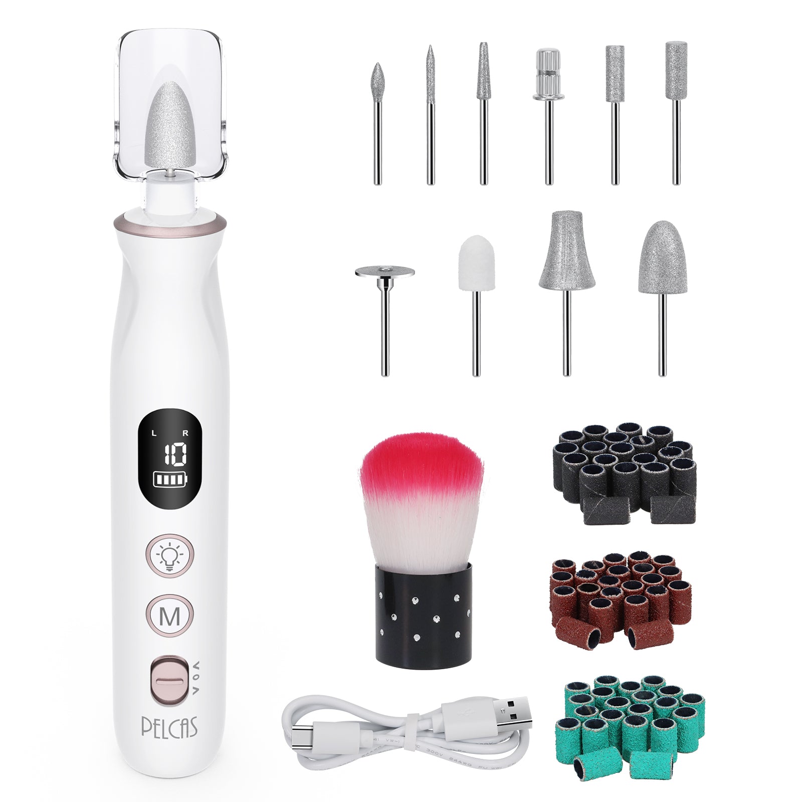 The Pelcas 10-speed nail file with its LCD screen and LED light