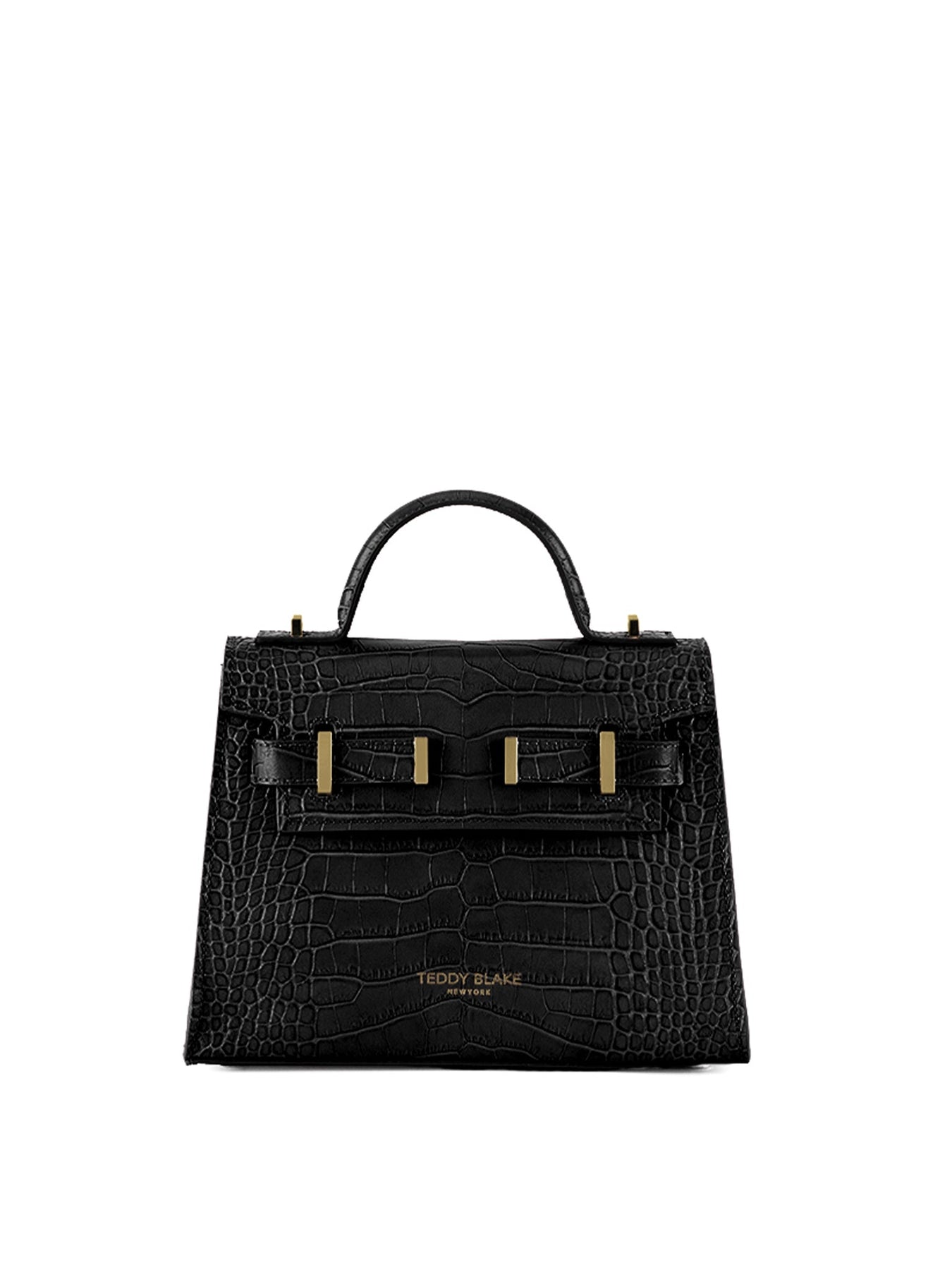 Front view of the black Teddy Blake Ava Croco bag in the 9-inch size