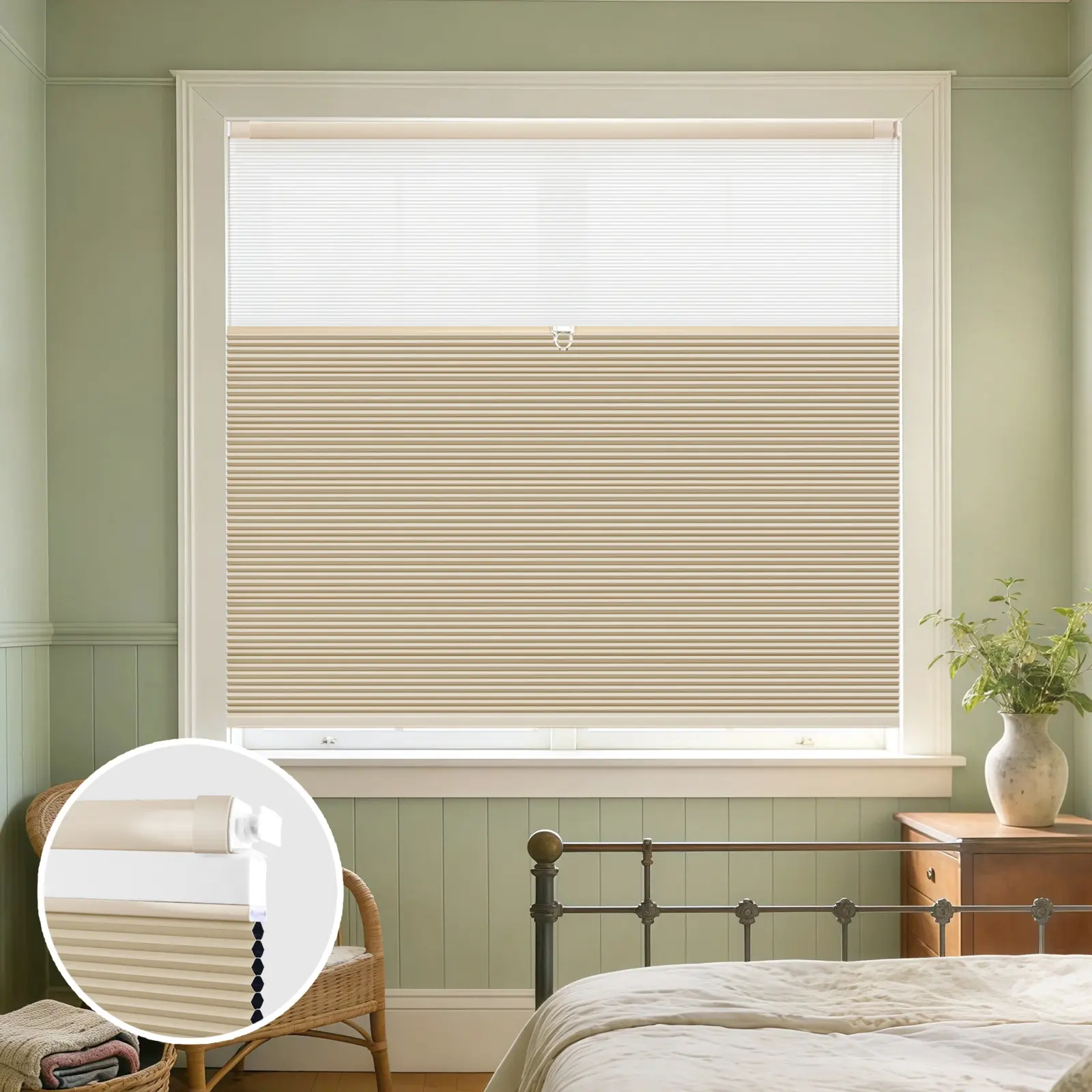 A no-drill, cordless inCustom day and night cellular shade shown in the Double Arc style