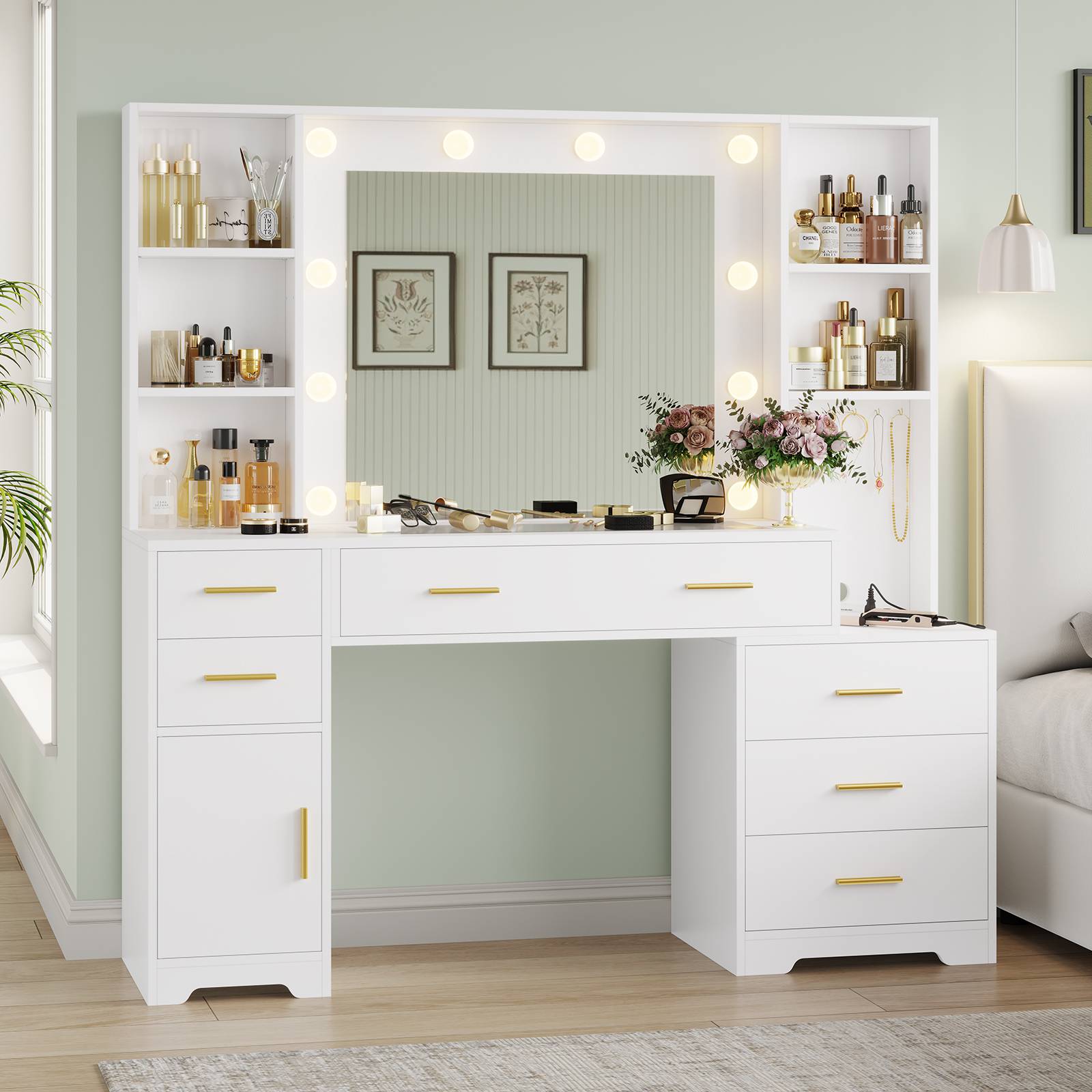 White Hasuit vanity desk, 48.8 inches wide, with a lighted mirror and a built-in power outlet