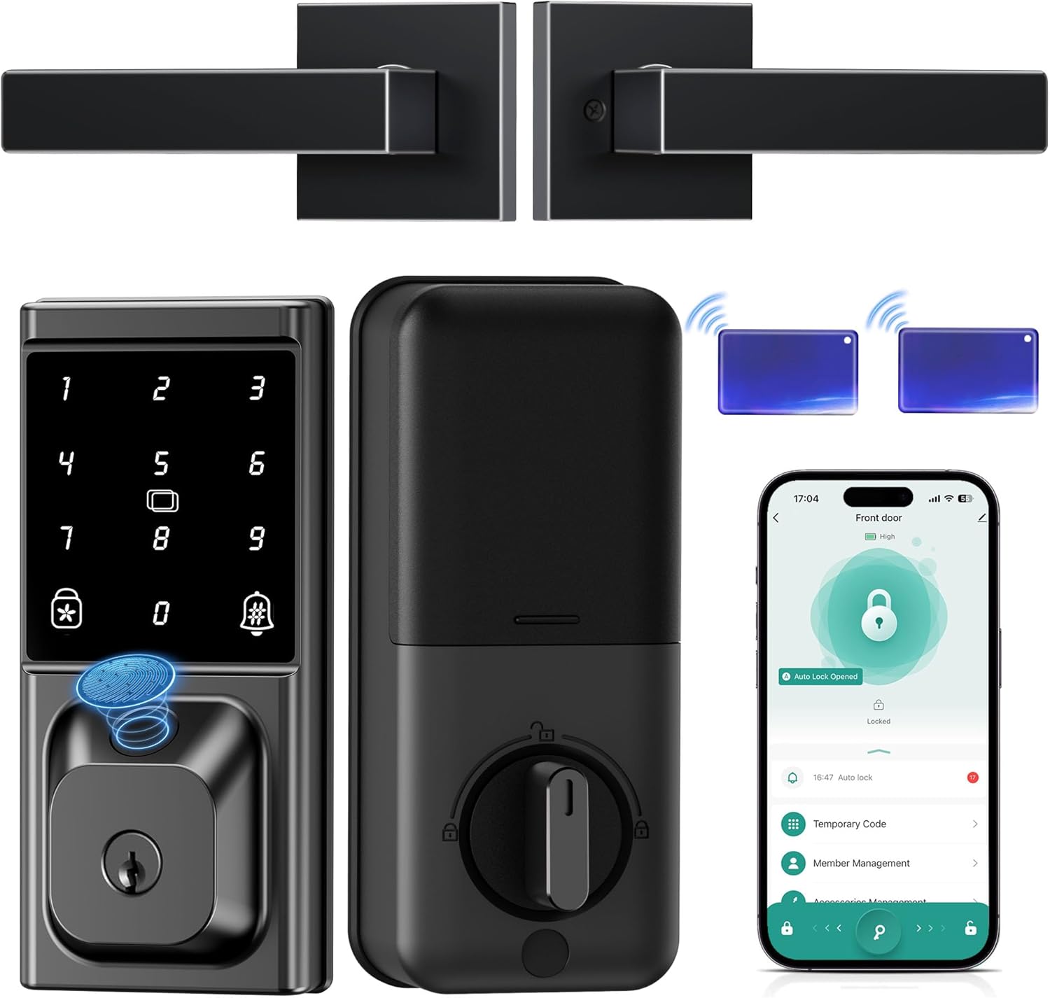 Front view of the IBLOG smart deadbolt and its two lever handles