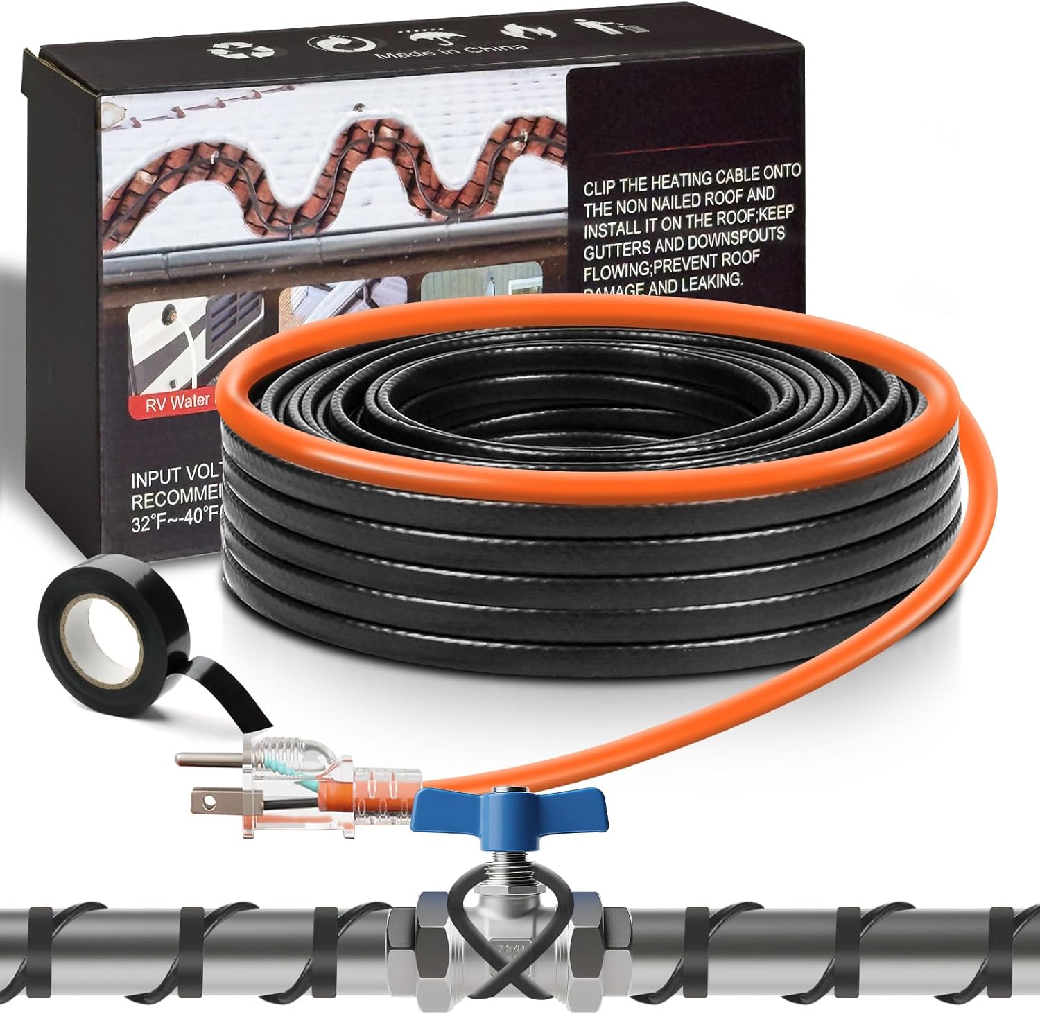 A coiled Wufoty 24FT self-regulating pipe heat cable shown beside its retail box, a roll of tape and a shutoff valve fitting