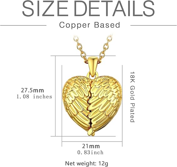 Spec chart for the U7 heart locket listing a copper base, 18K gold plating and 27.5mm size