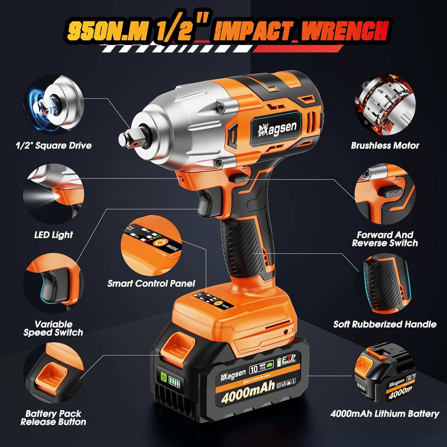 Labeled MAGSEN 700 ft-lbs cordless impact wrench showing its 1/2 inch square drive, brushless motor, LED light, variable speed switch and 4000mAh battery