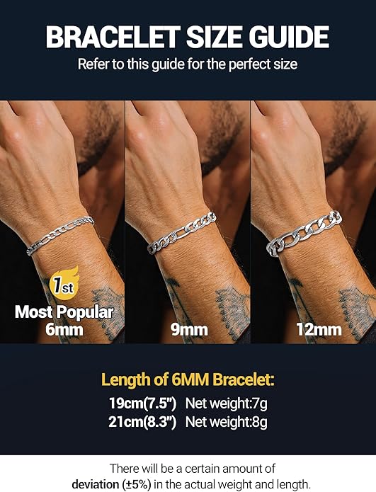 Size guide photo comparing the three bracelet widths as worn on a wrist
