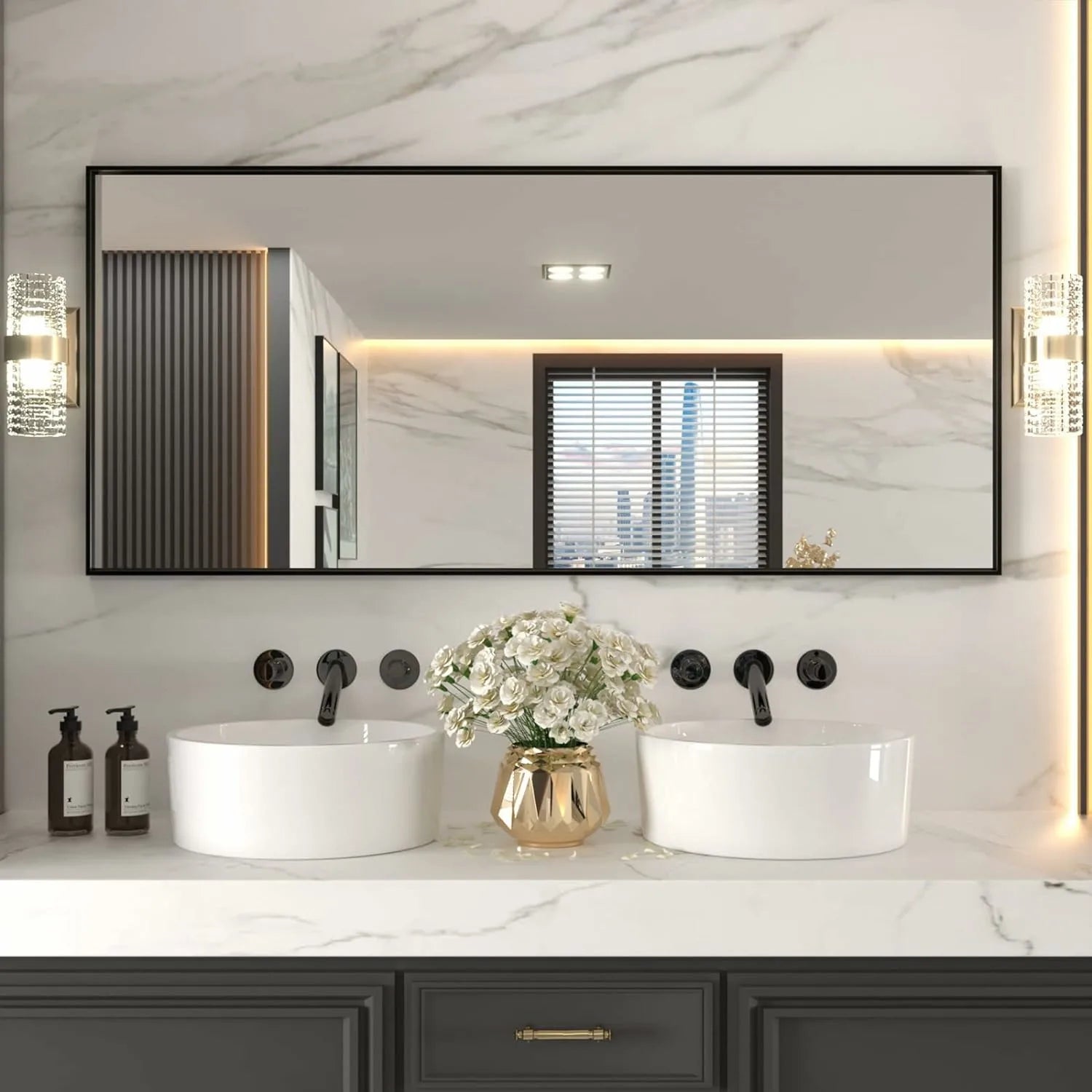Matte black farmhouse-style metal framed bathroom mirror from LOAAO, 24x32 inches