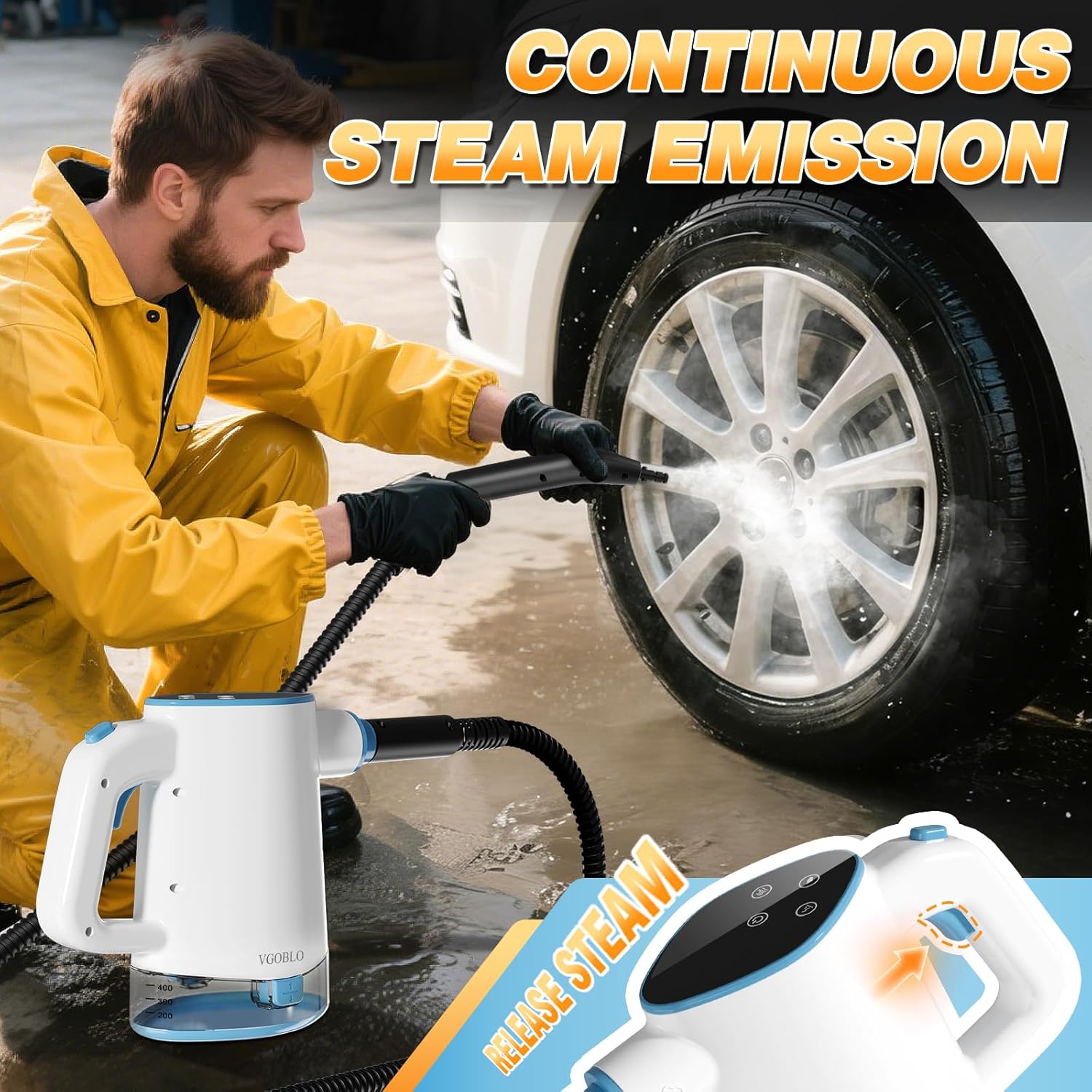 A VGOBLO steam cleaner attachment lifting grime off a car wheel