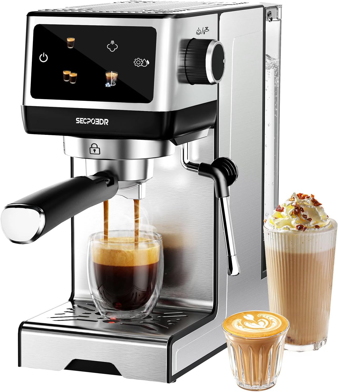 The SECPOEDR 20 Bar Espresso Machine with Milk Frother brewing a shot beside an iced coffee and a cappuccino