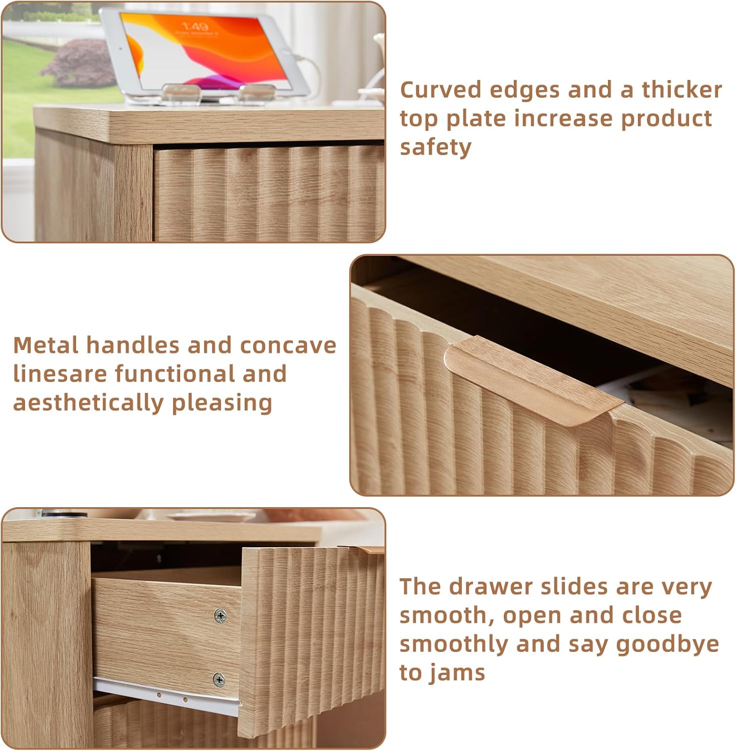 Close-up of the Leyaoyao dresser with curved tabletop edges, metal handles and smooth drawer slides