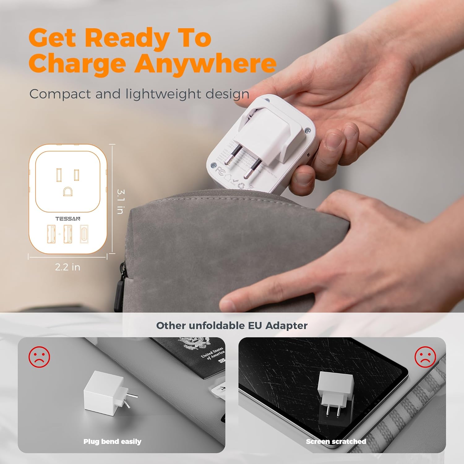 TESSAN European travel adapter with its prongs folded flat