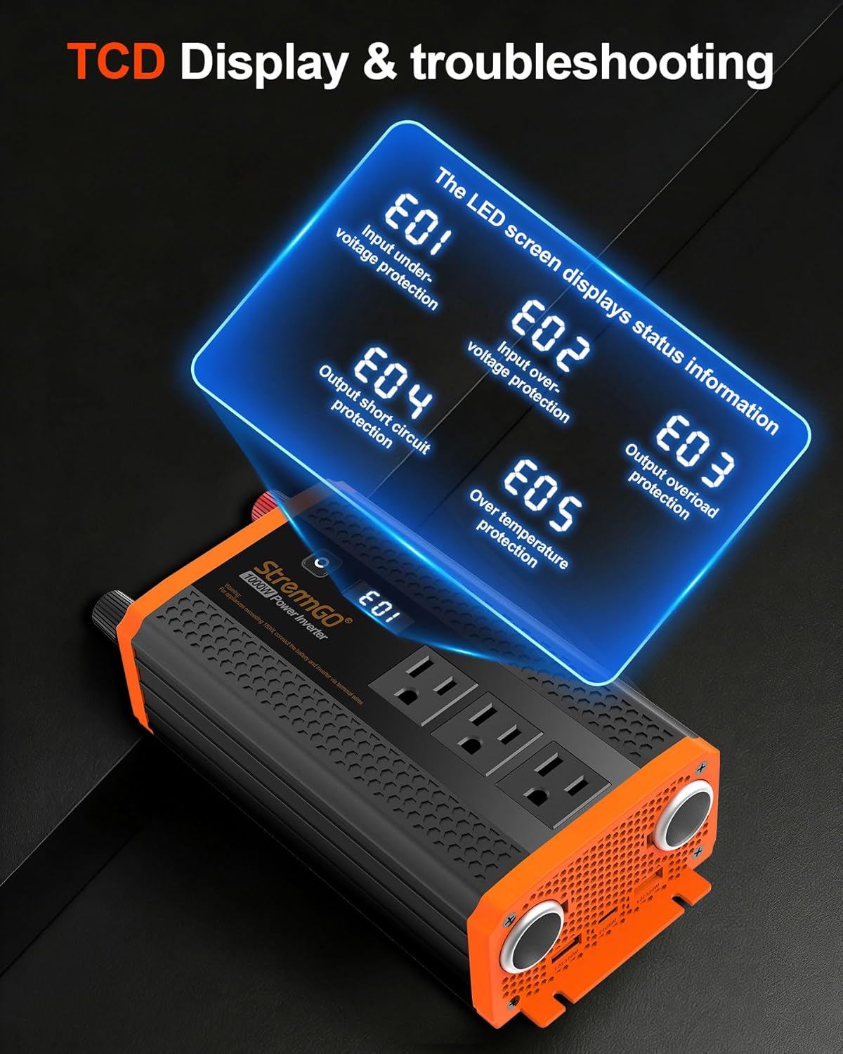 LED display on the StrenrmGO 1000W inverter with the E01-E05 troubleshooting codes for voltage, overload, short circuit and over-temperature protection