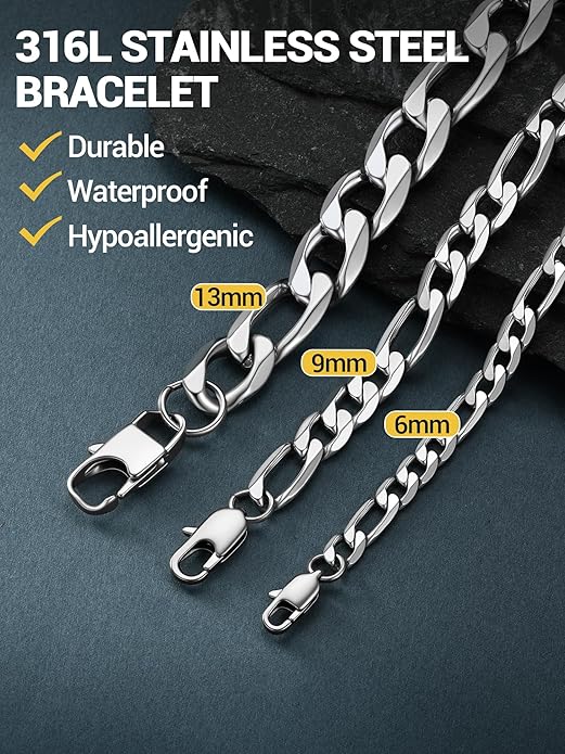 PROSTEEL graphic highlighting the 316L steel bracelet's durable, waterproof and hypoallergenic features in widths of 6mm, 9mm and 13mm