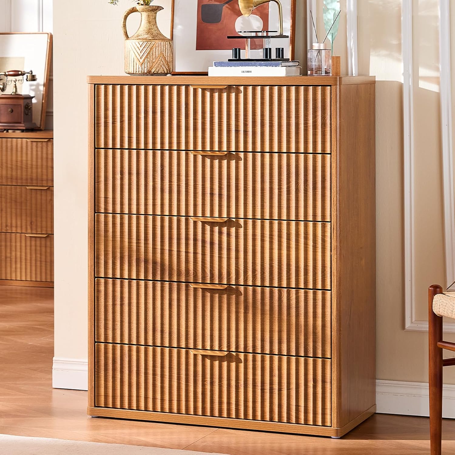 Front view of the Leyaoyao fluted dresser with five drawers in a natural wood finish