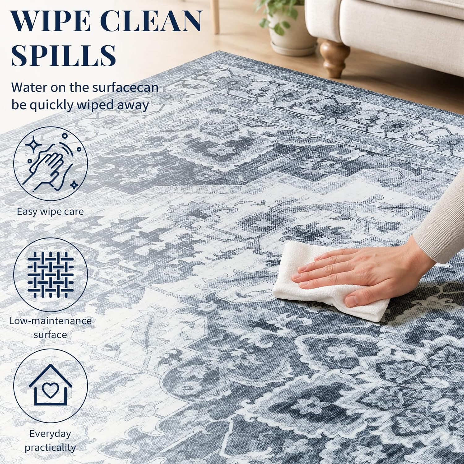 Blue vintage-style area rug from UKISS in the 5'x7' size