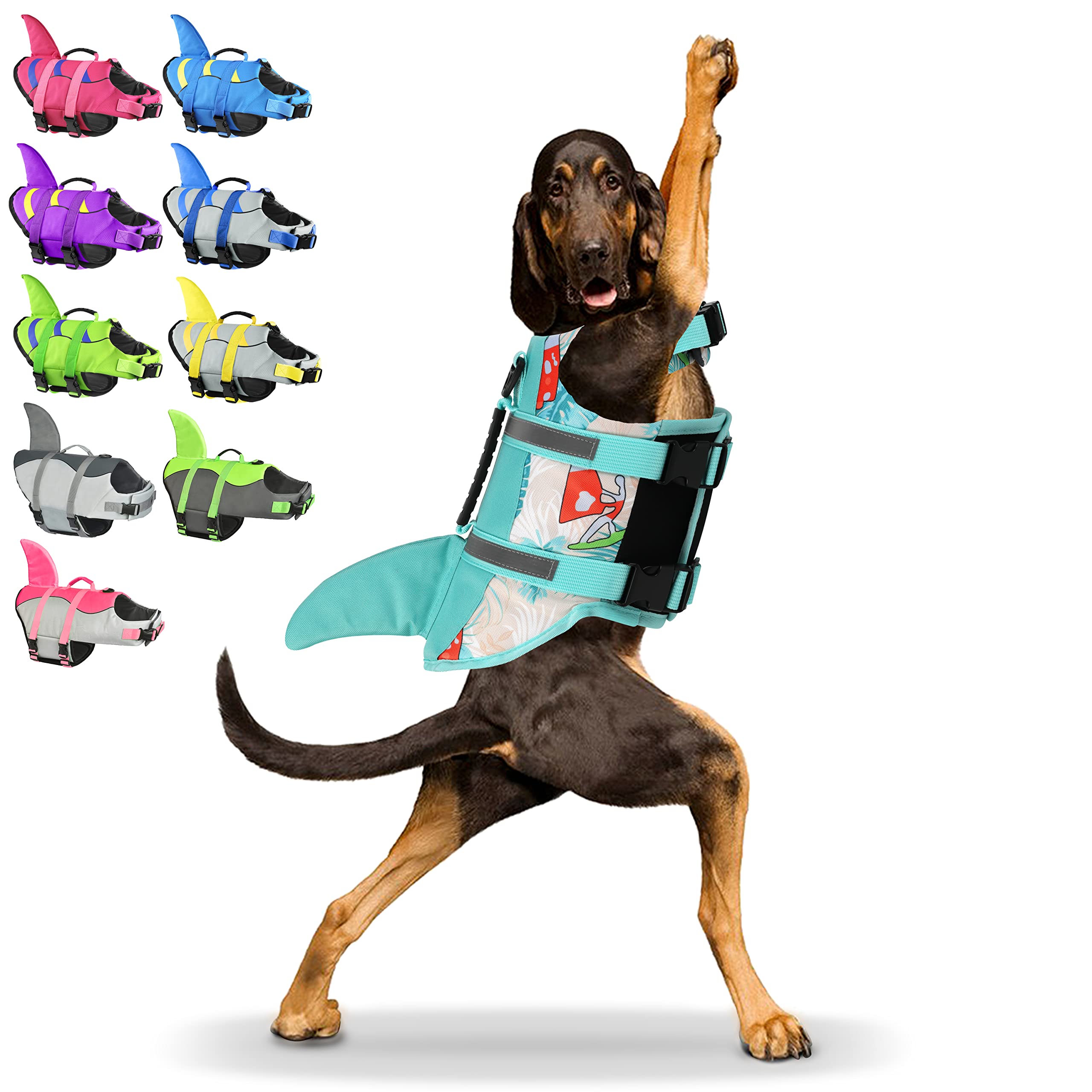 The Fragralley Shark Fin dog life jacket in each of its color options