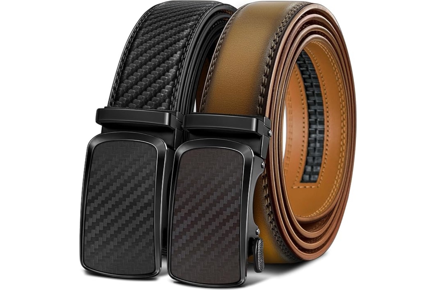 Close-up of the BULLIANT slide ratchet belt's buckle and leather strap