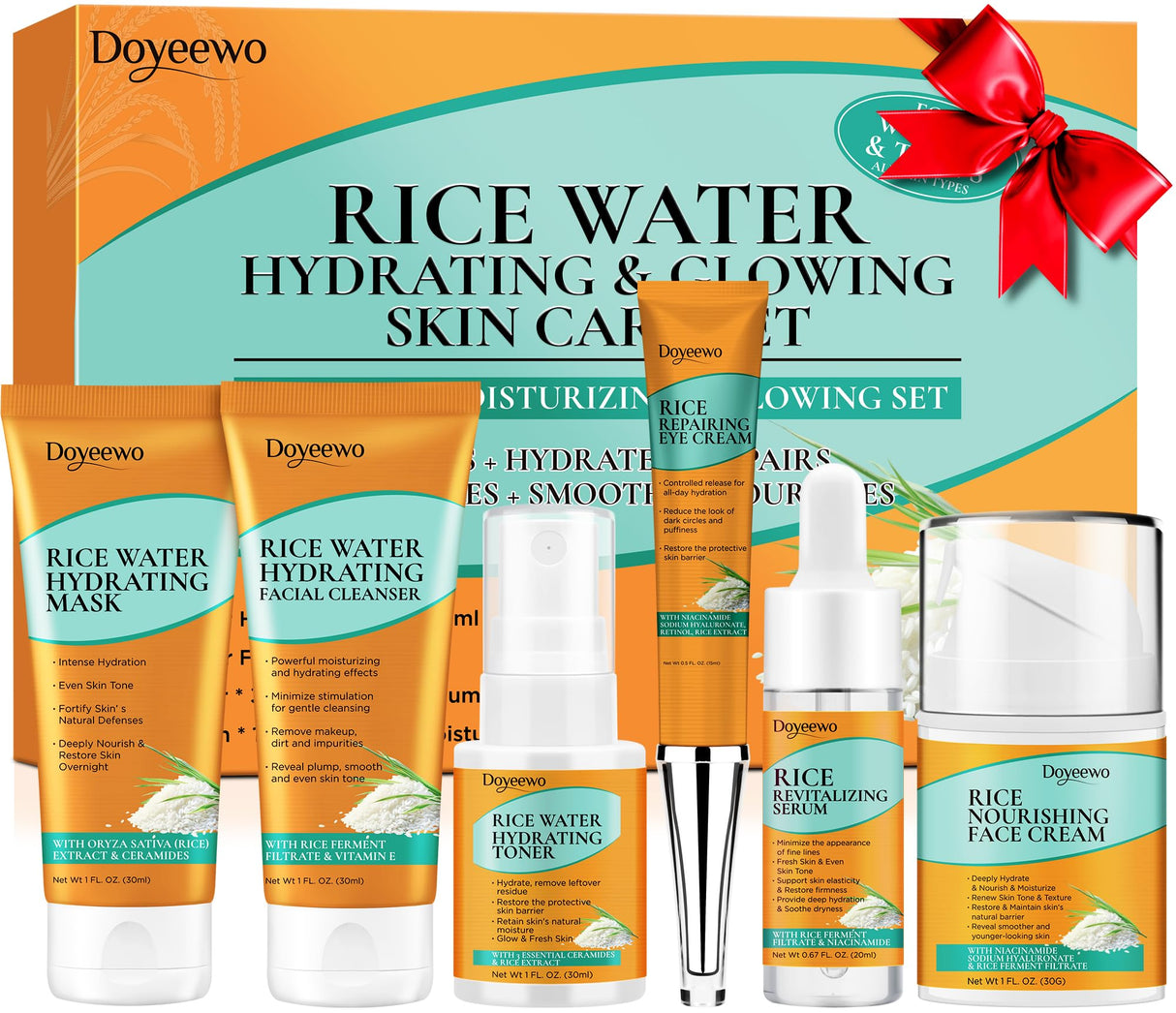 Box and bottles of the DOYEEWO six-piece Korean rice extract skincare set