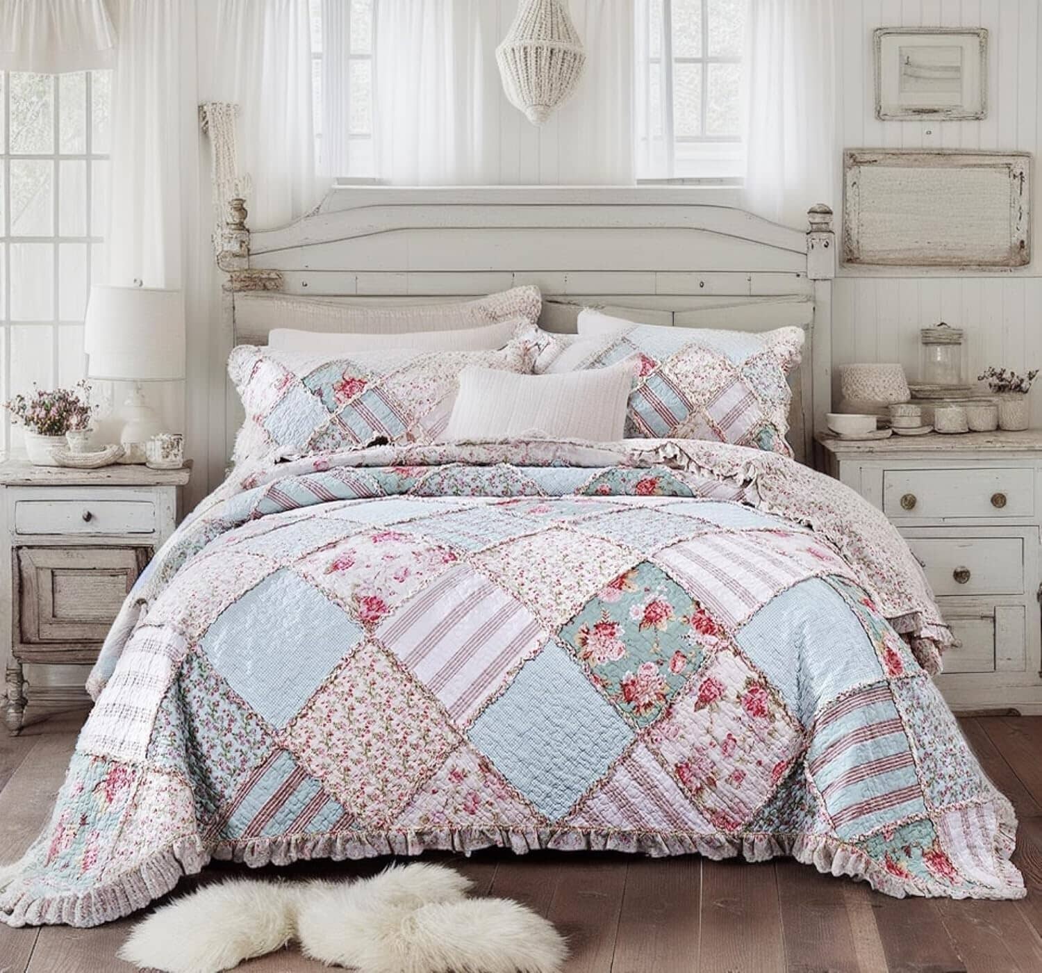 The DaDa Bedding Hint of Mint pastel cotton patchwork quilt set dressed on a bed