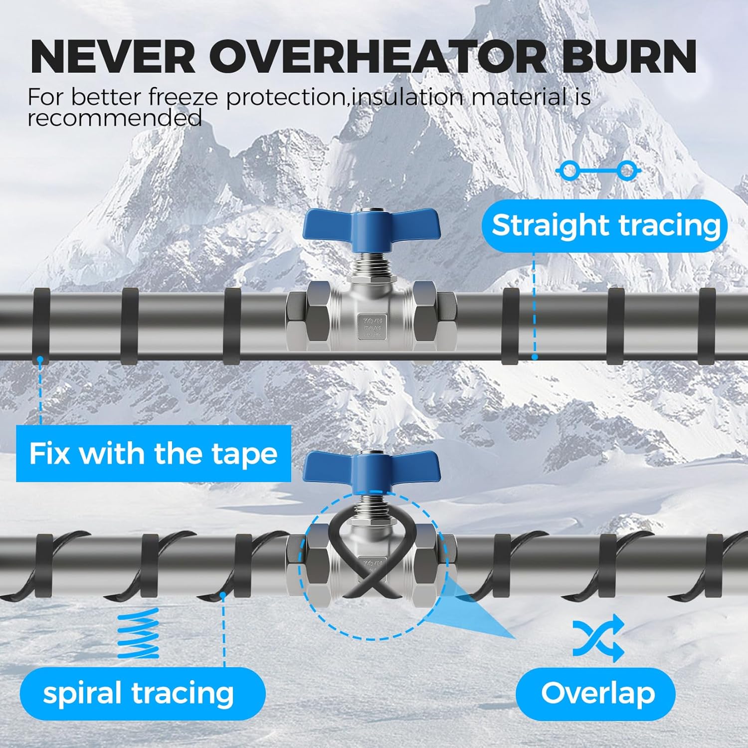 Installation diagram from Wufoty showing the cable run straight or wrapped in a spiral and taped down, with a warning not to let it overlap