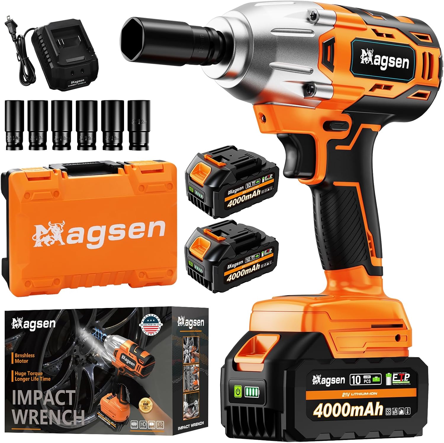 Contents of the MAGSEN 700 ft-lbs impact wrench kit: the wrench, two 4000mAh batteries, a fast charger, six sockets and a carrying case
