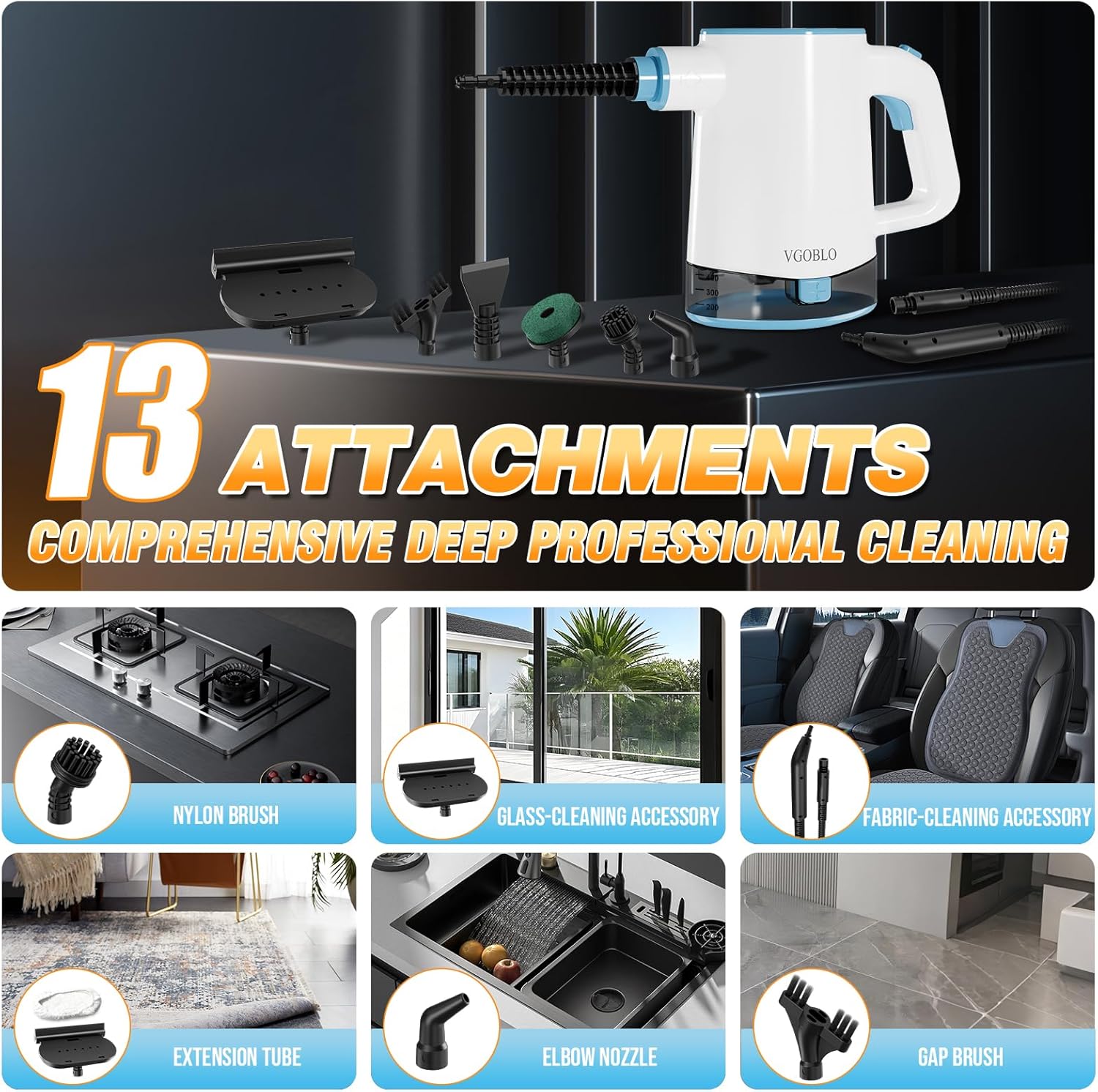 VGOBLO handheld steamer with its 13-piece attachment set and example cleaning jobs