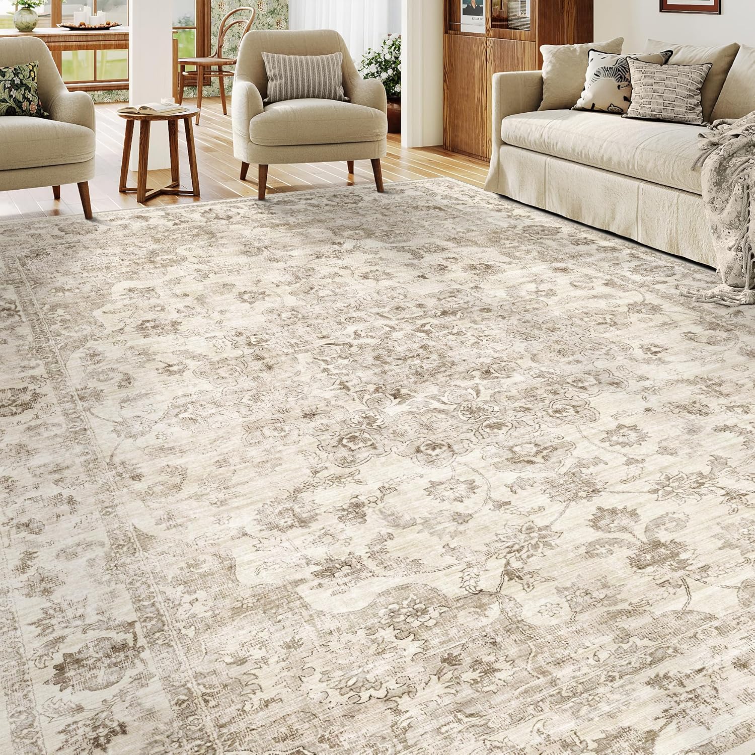 A beige and grey neutral abstract washable rug from WondRg in a living room setting