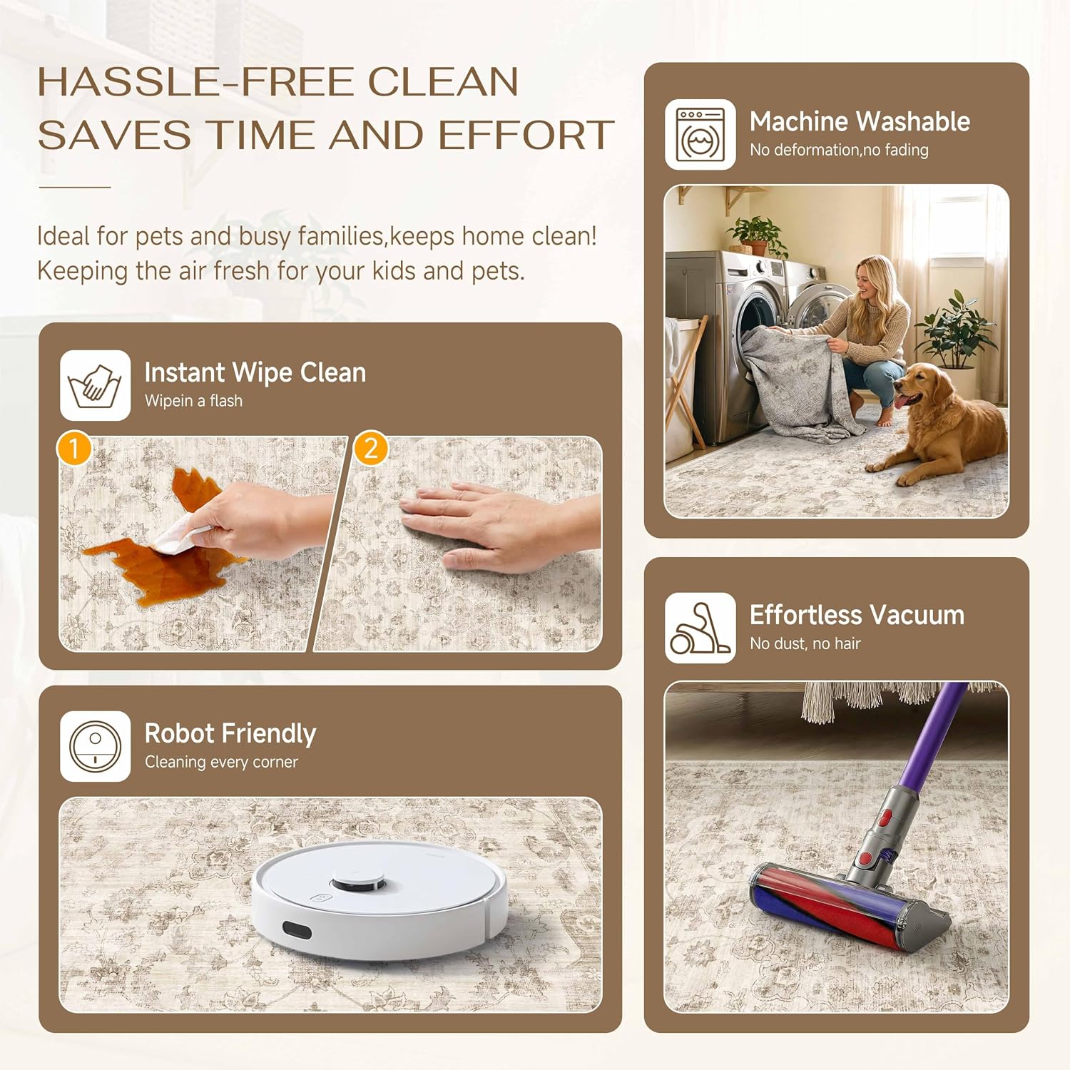 A cloth wiping a stain off a WondRg rug to show the machine washable, wipe-clean claims
