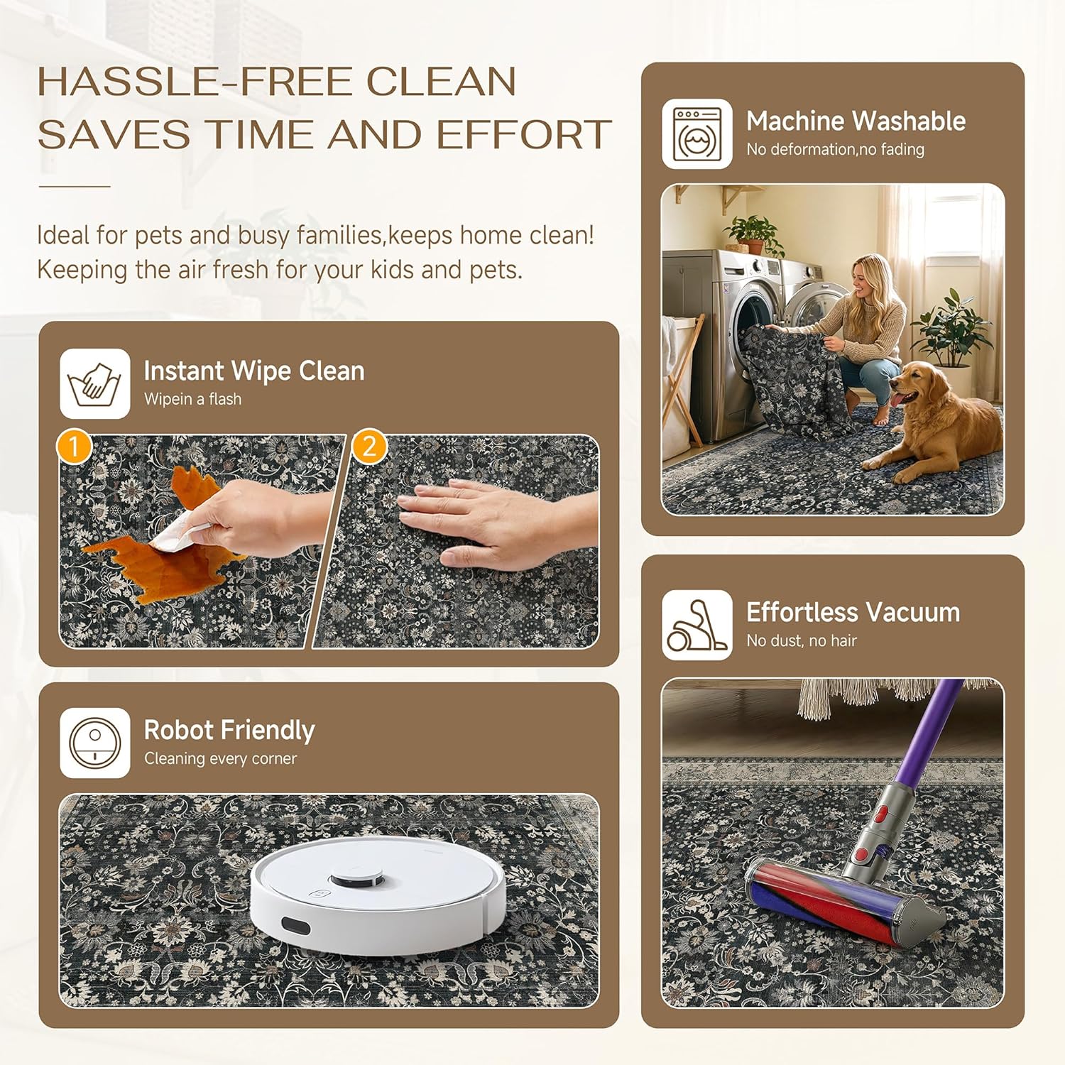 The HUGEAR rug going through a wash, getting wiped clean and being crossed by a robot vacuum