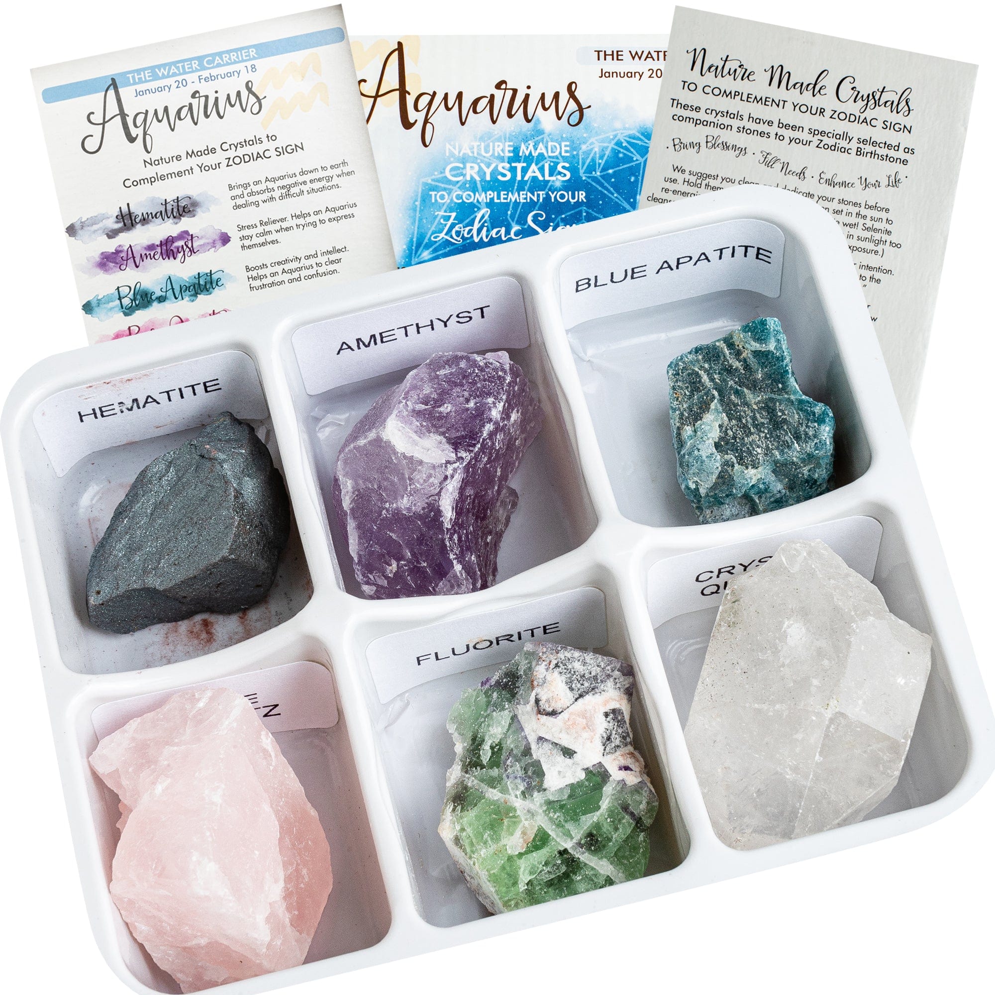 Open Rock Paradise zodiac crystal box with six gemstones chosen for the Aquarius sign