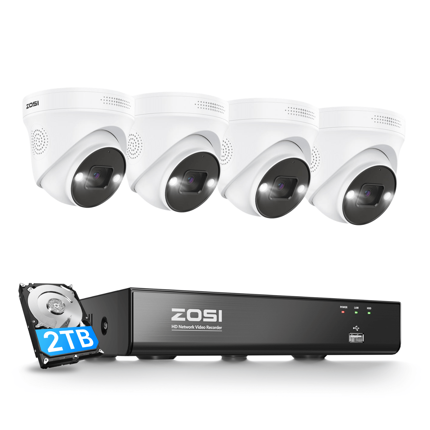 ZOSI C225 4K PoE camera kit showing the recorder box and four outdoor cameras