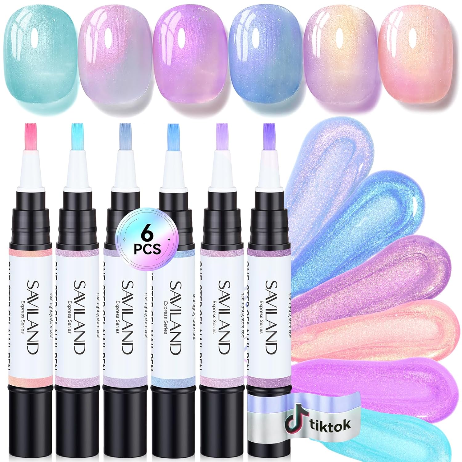 A set of Saviland one-step gel polish pens in pearl pink and blue aurora shades
