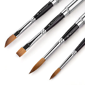 Four assembled Fuumuui sable travel brushes, each in a different shape