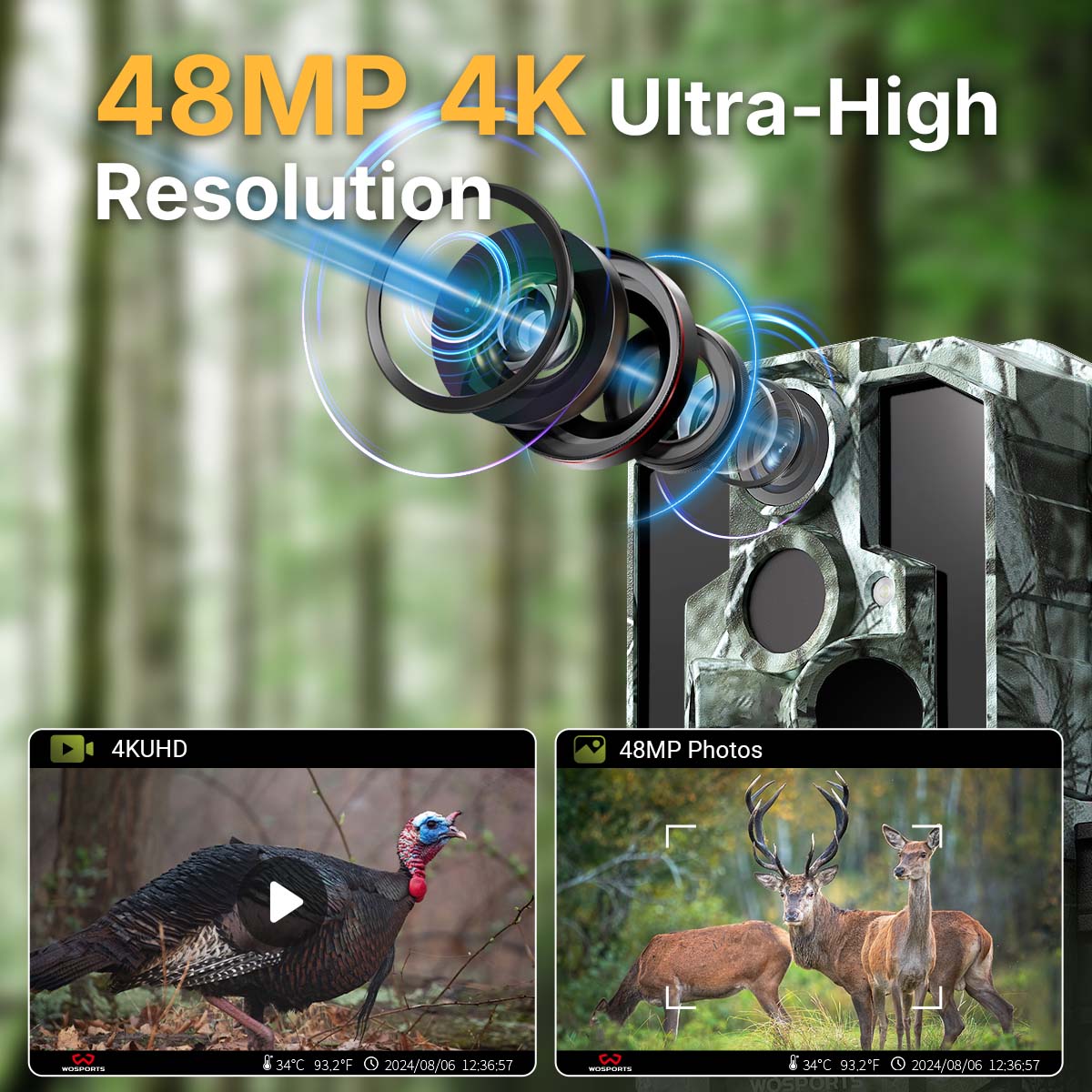 Side view of the WOSPORTS G600 4K Trail Camera with its lens and PIR sensor visible