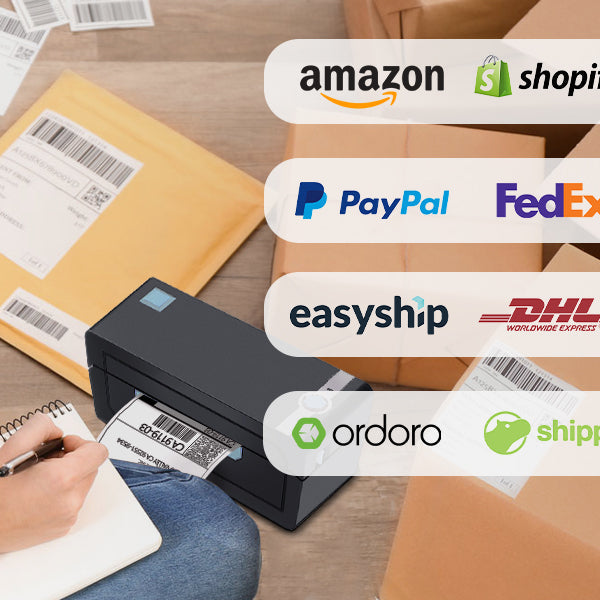 The JADENS 268BT thermal label printer alongside USPS, UPS and other shipping platforms it works with