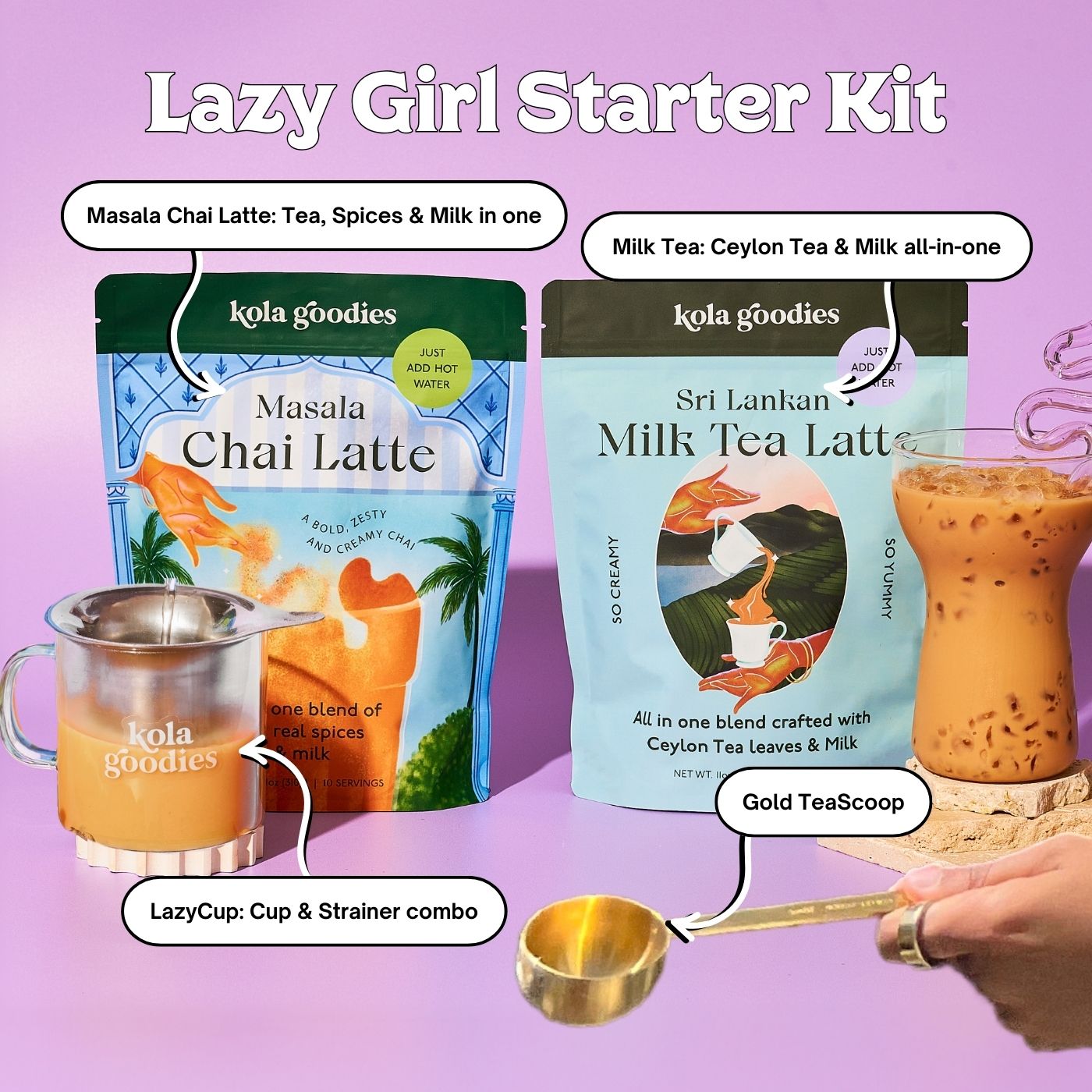 Kola Goodies Lazy Girl Starter Kit showing the LazyCup, tea scoop, and packets of Masala Chai and Sri Lankan Milk Tea