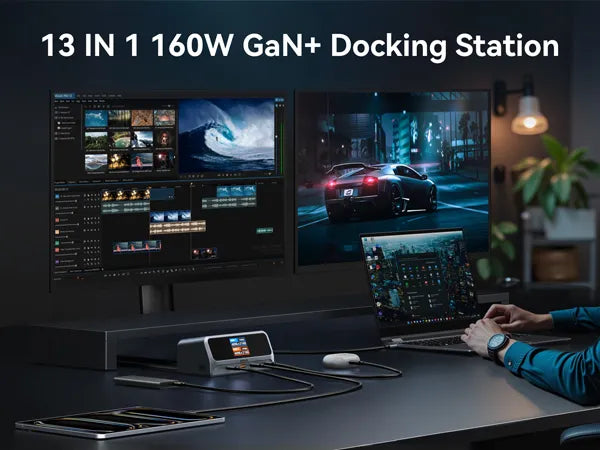 The MOKiN 13-in-1 USB-C dock with its 2.26-inch LCD smart display showing the charging status