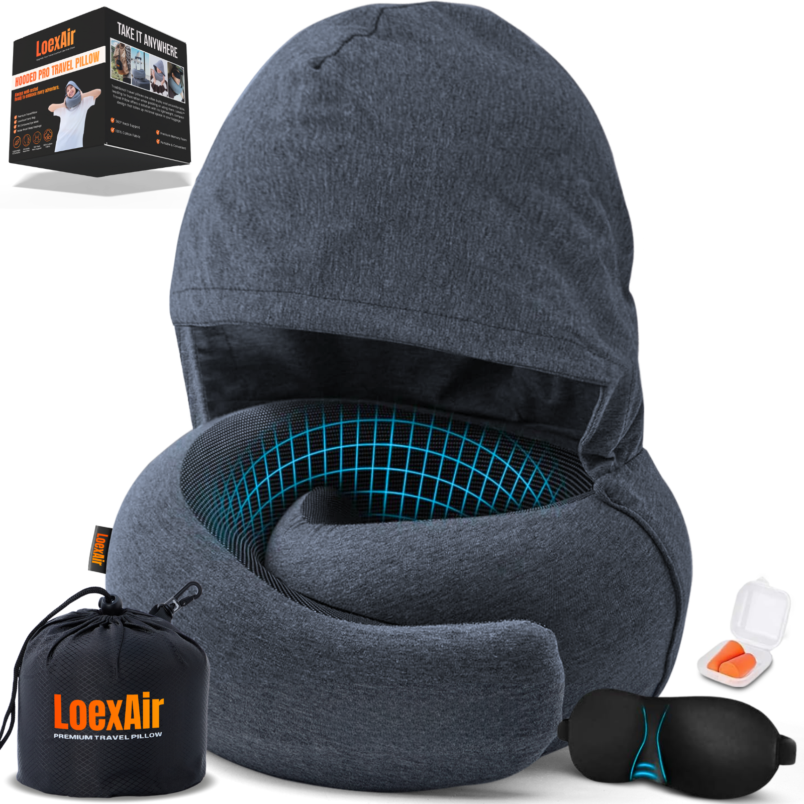The LoexAir Hooded Pro travel pillow with its hood pulled up