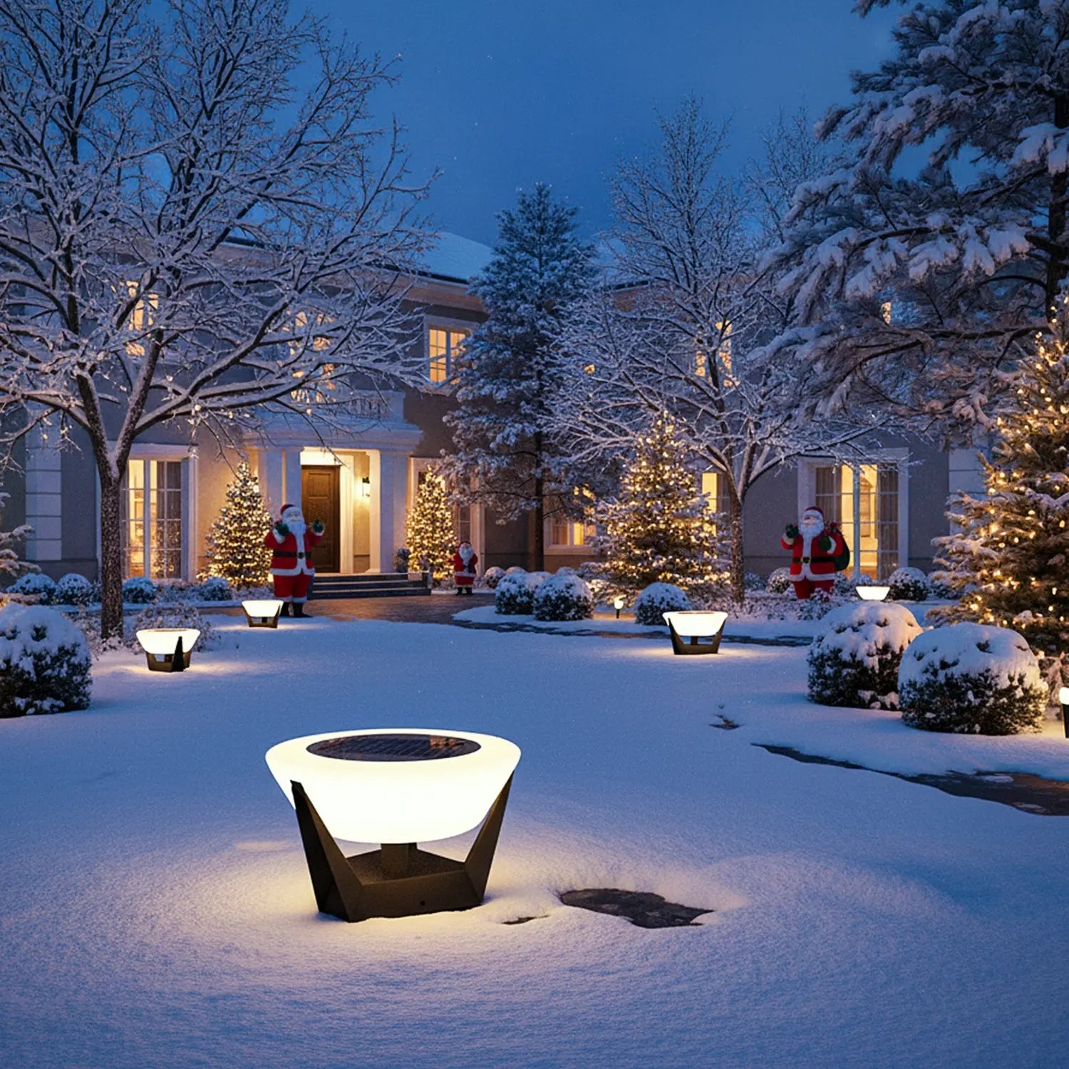 Masdio solar outdoor light with remote control glowing at dusk