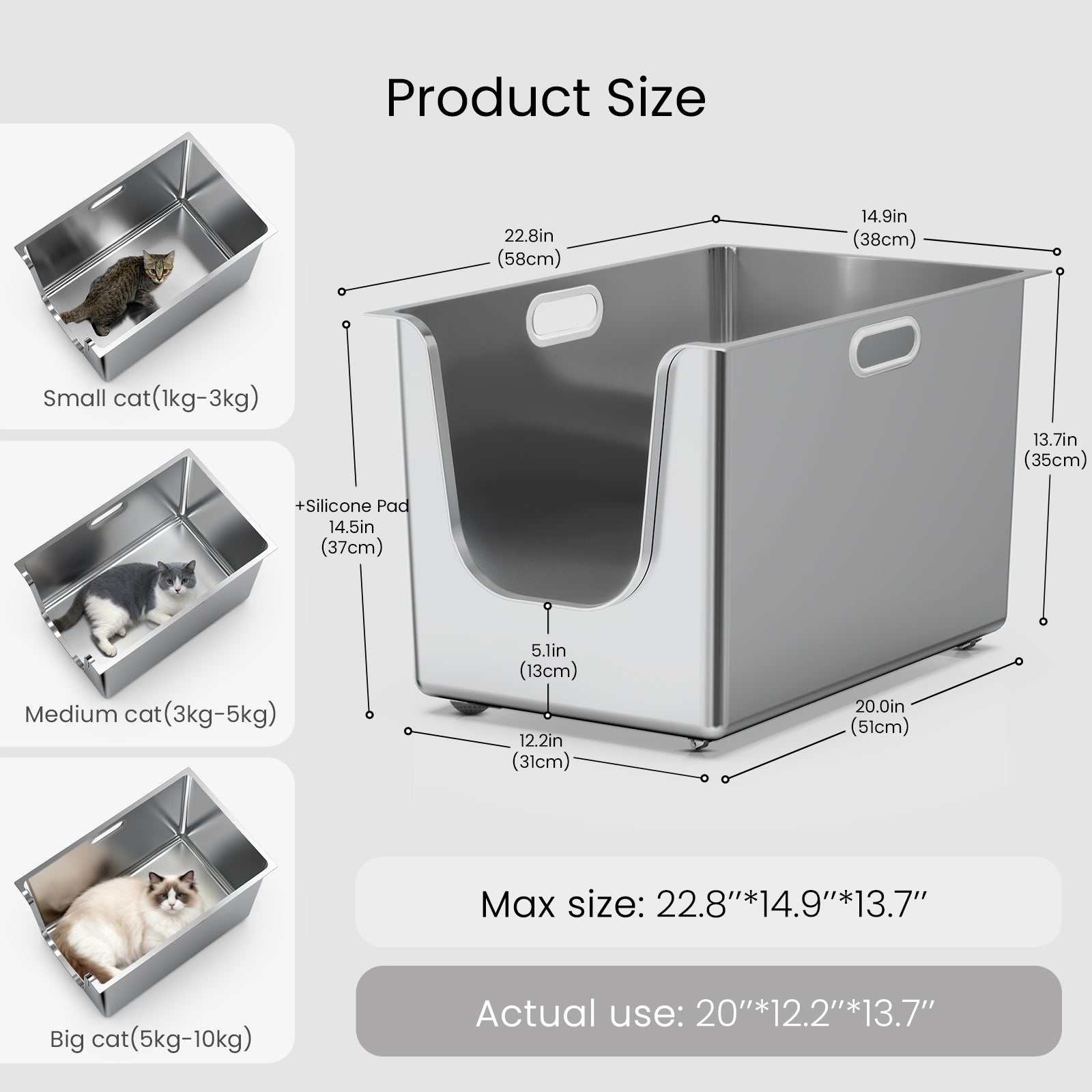 Size chart showing the measurements of the PTLOM Front Entry XL litter box