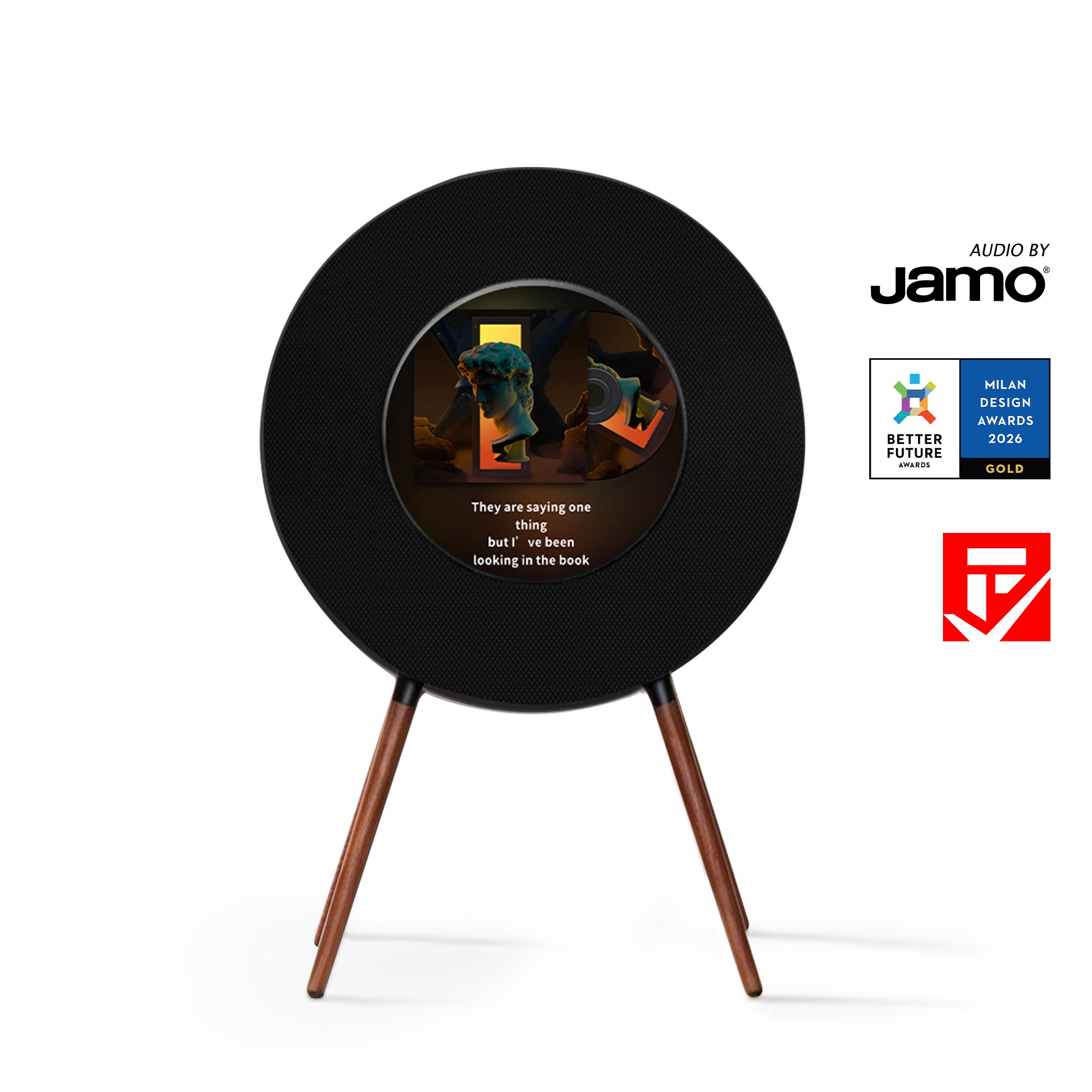White MorningBlues Record R1 speaker with a round mirror-finish display
