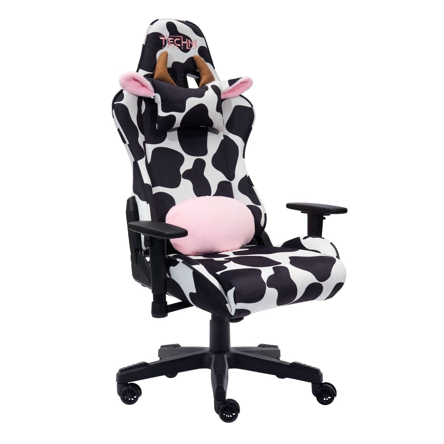 The Techni Sport Cow Gaming Chair from the side, showing the recline and the armrests