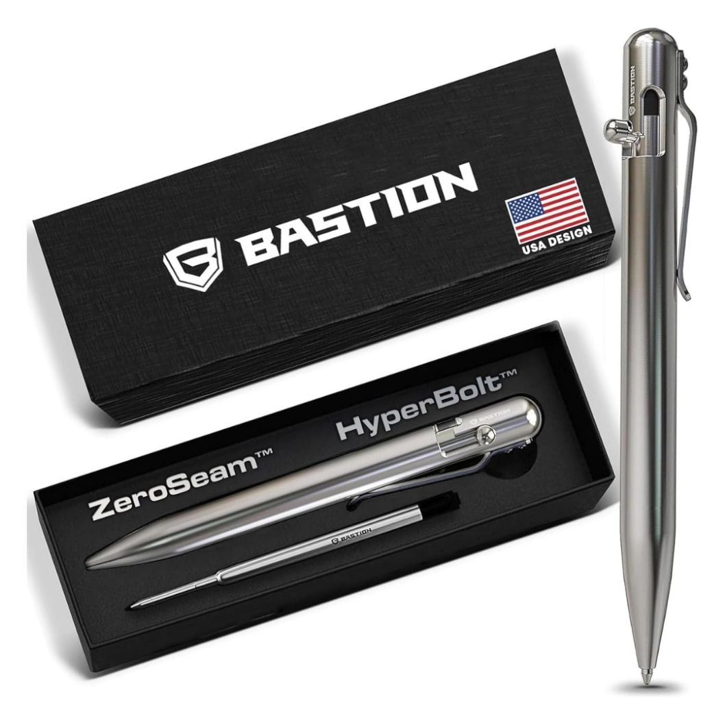 Silver-finish bolt action pen from Bastion made of stainless steel