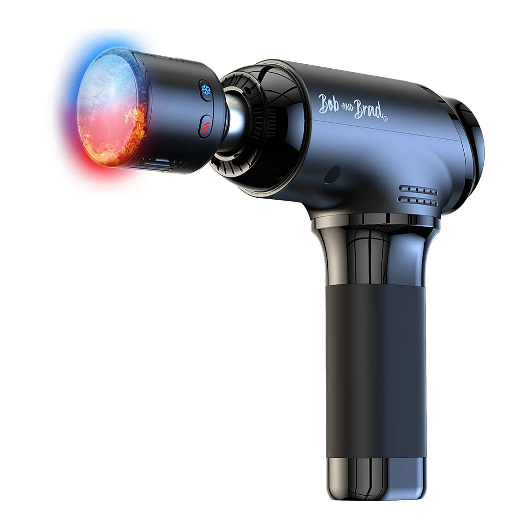 The Bob and Brad T2 Pro massage gun fitted with its heat and cold head