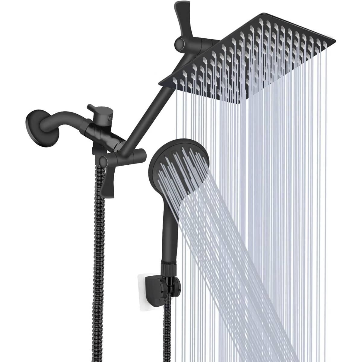 A matte black Tudoccy 10-inch rainfall shower head with a handheld sprayer and an 11-inch extension arm