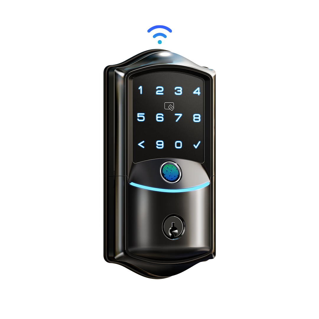 Front view of the Veise VE027 smart lock with built-in Wi-Fi and a fingerprint reader