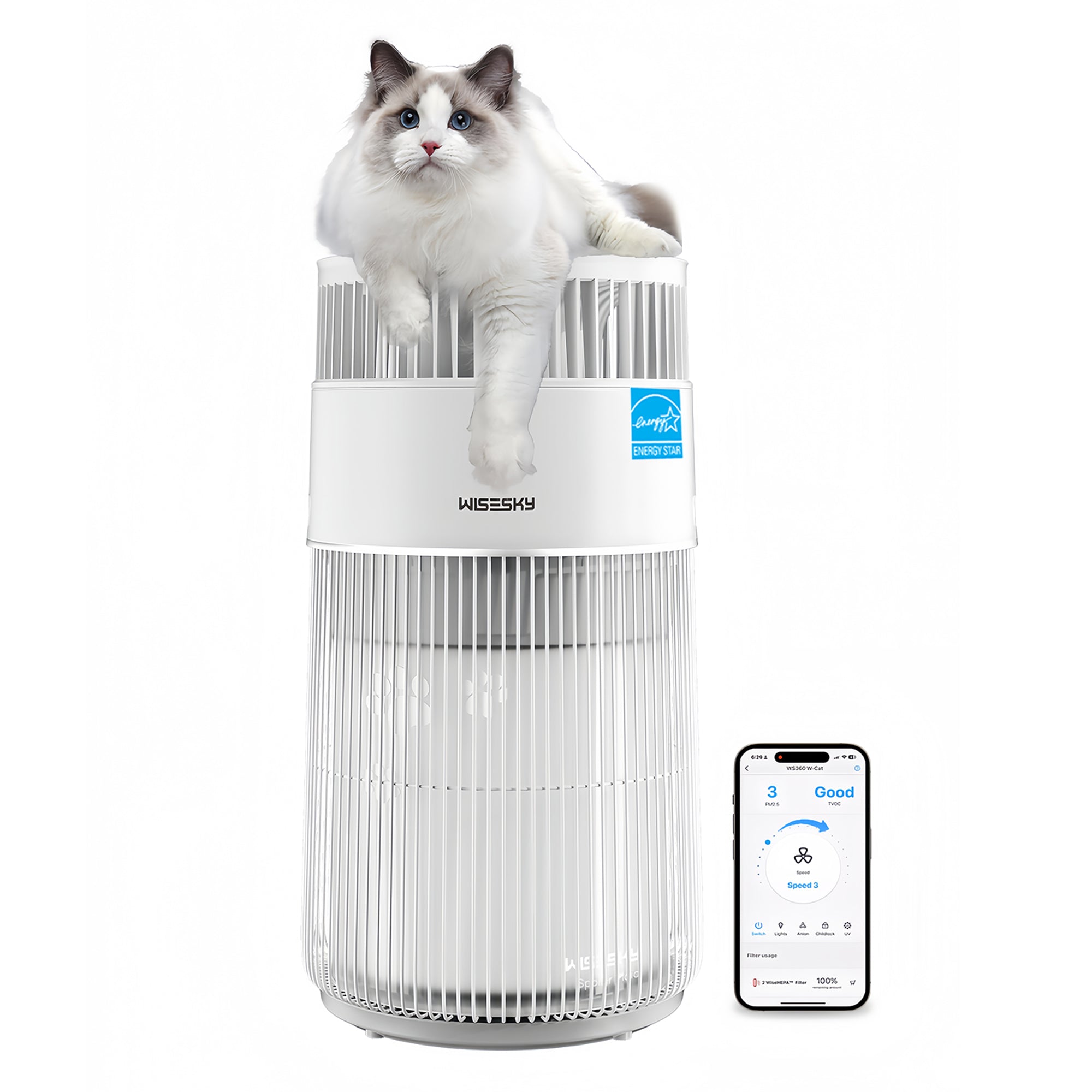 A white tower-style WISESKY W-Cat air purifier for cat households