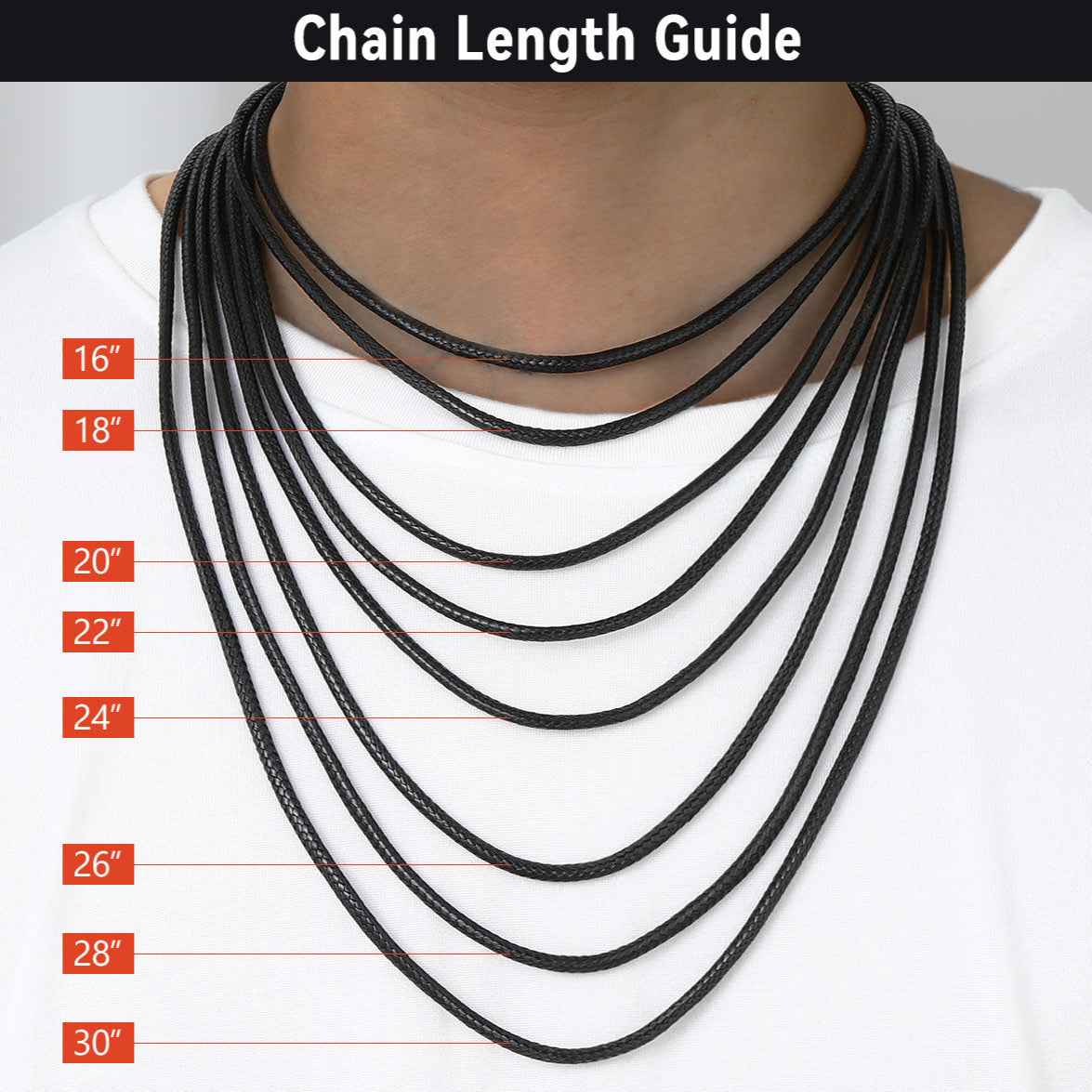 Sizing chart showing necklace cord lengths and widths from FaithHeart